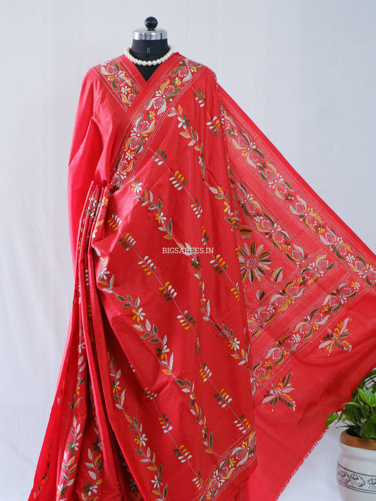 Kantha-Stitch Hand Embroidered Saree | Blended Bangalore Silk / Art Silk | Red