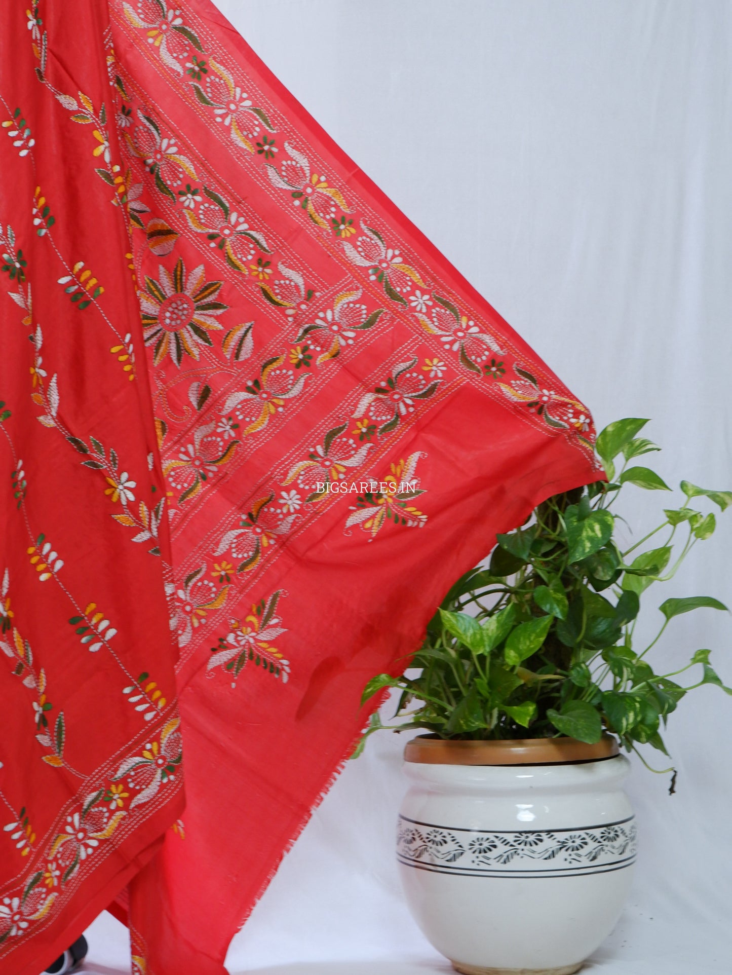 Kantha-Stitch Hand Embroidered Saree | Blended Bangalore Silk / Art Silk | Red