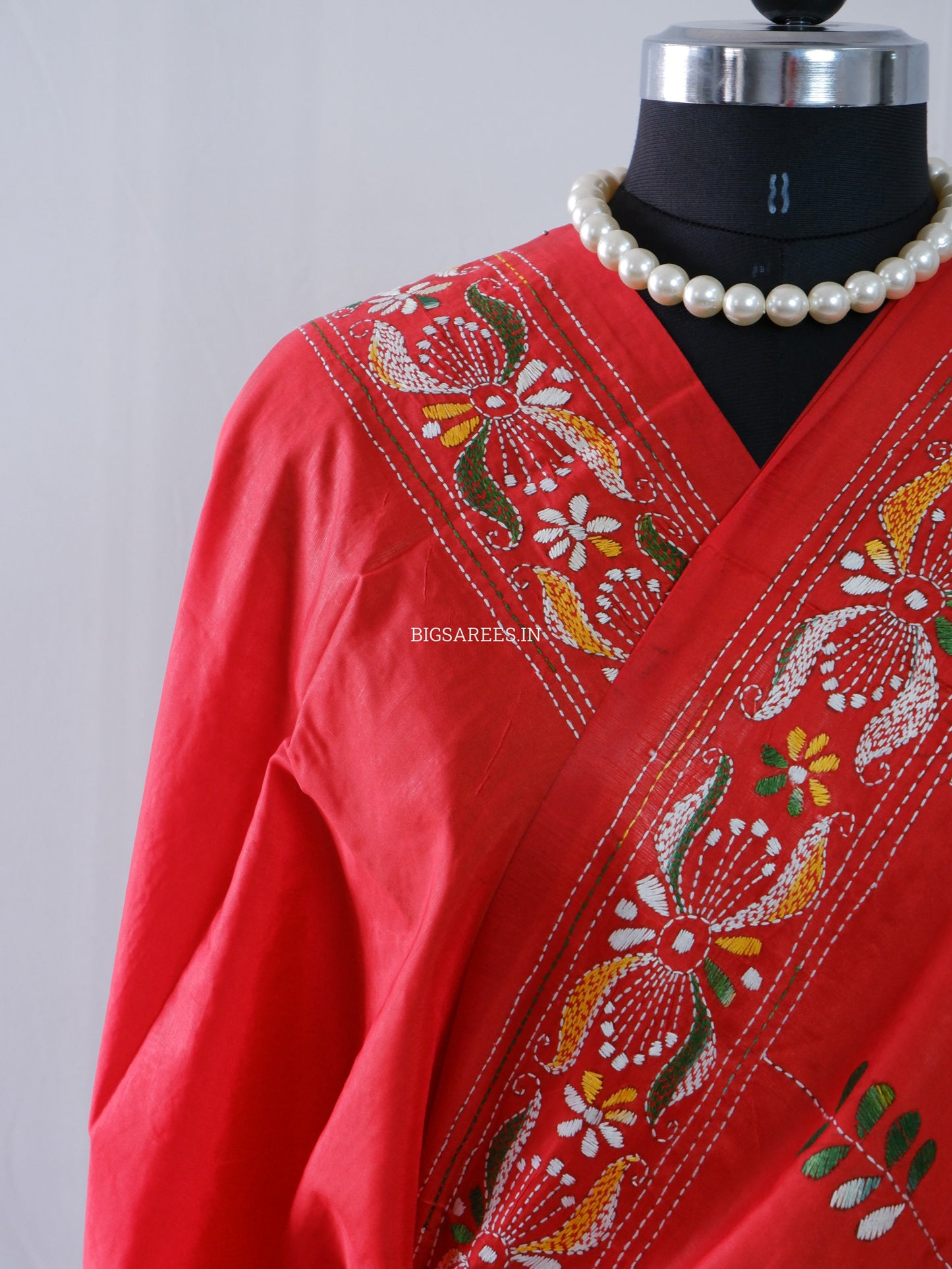 Kantha-Stitch Hand Embroidered Saree | Blended Bangalore Silk / Art Silk | Red