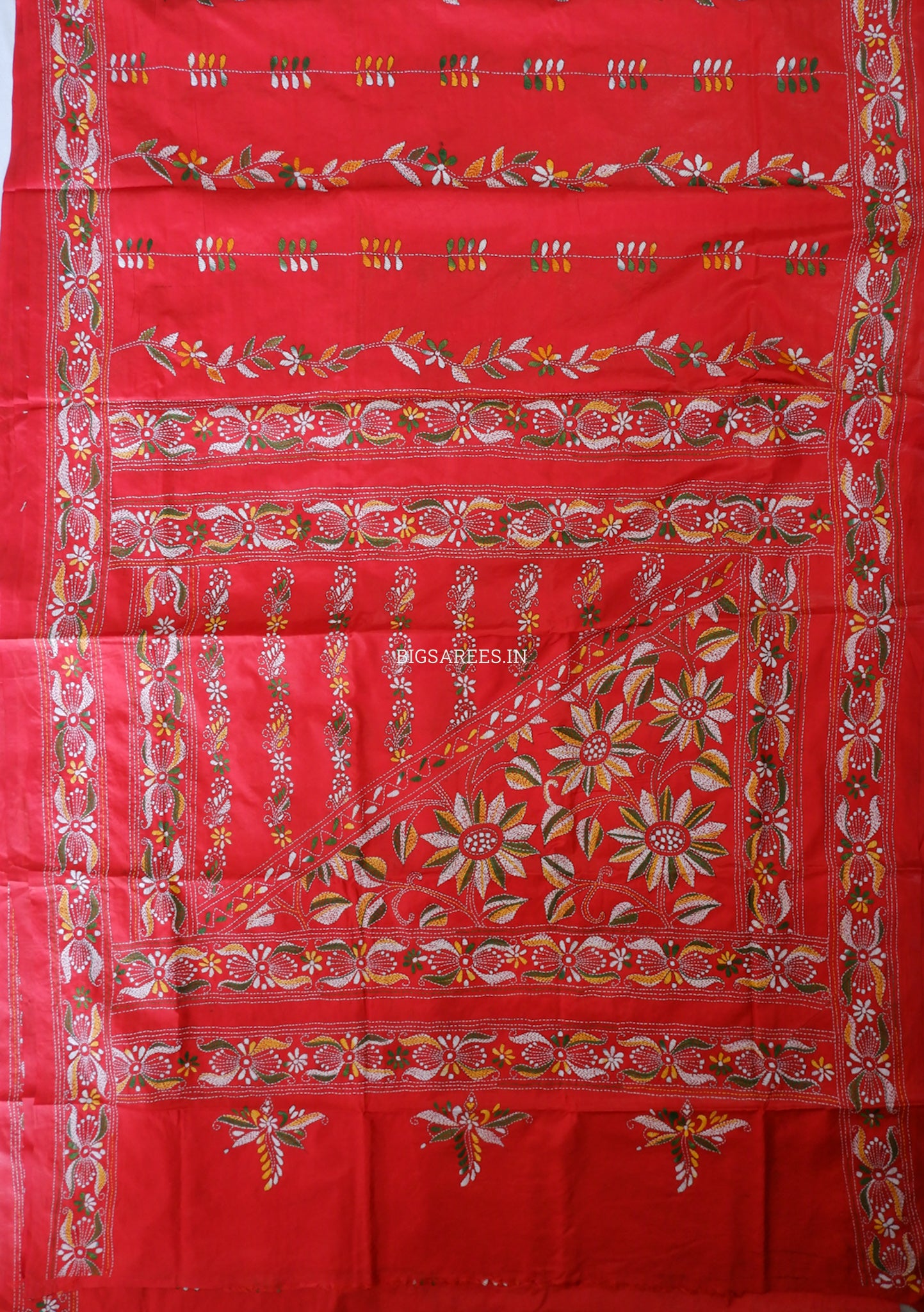 Kantha-Stitch Hand Embroidered Saree | Blended Bangalore Silk / Art Silk | Red