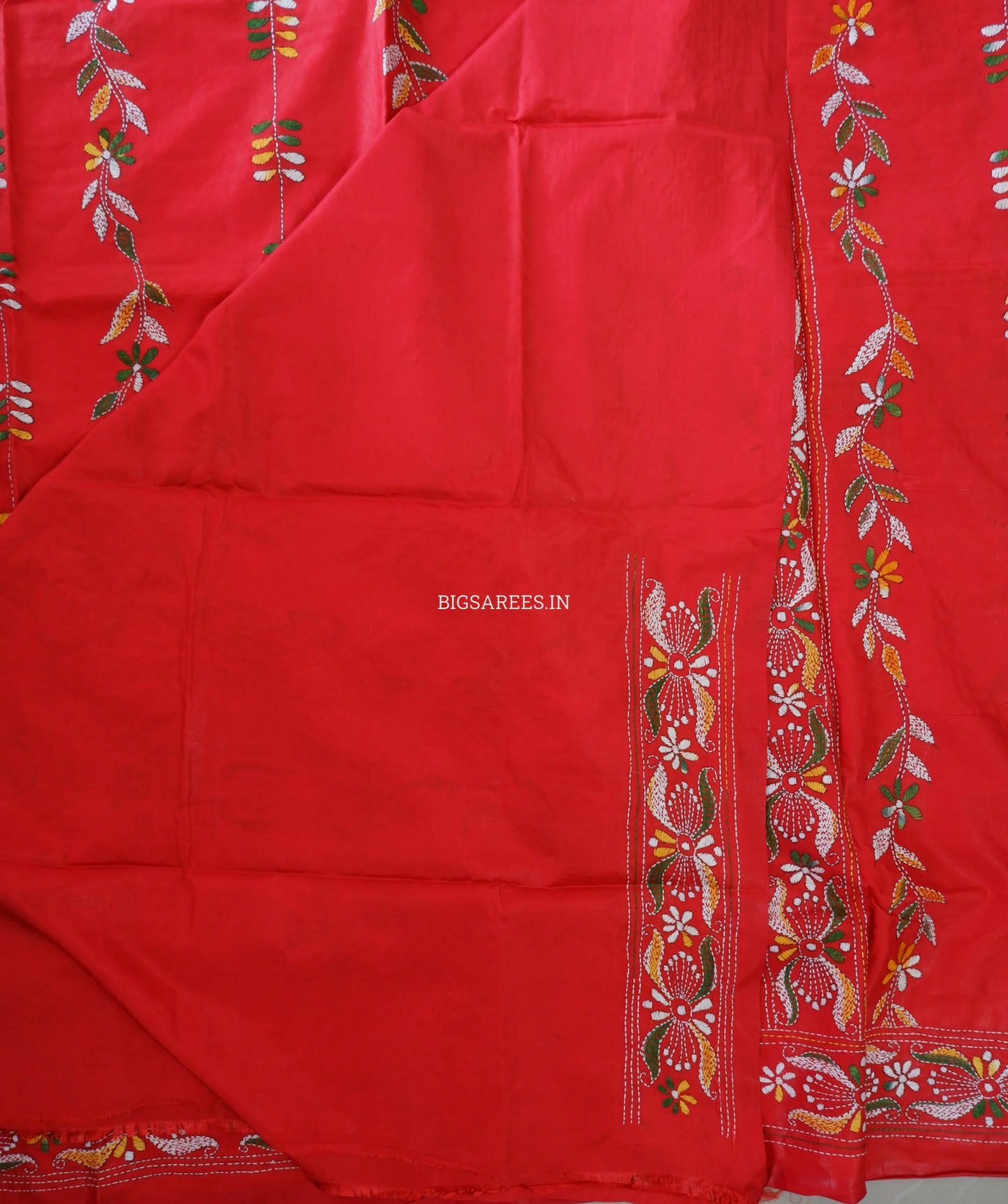 Kantha-Stitch Hand Embroidered Saree | Blended Bangalore Silk / Art Silk | Red