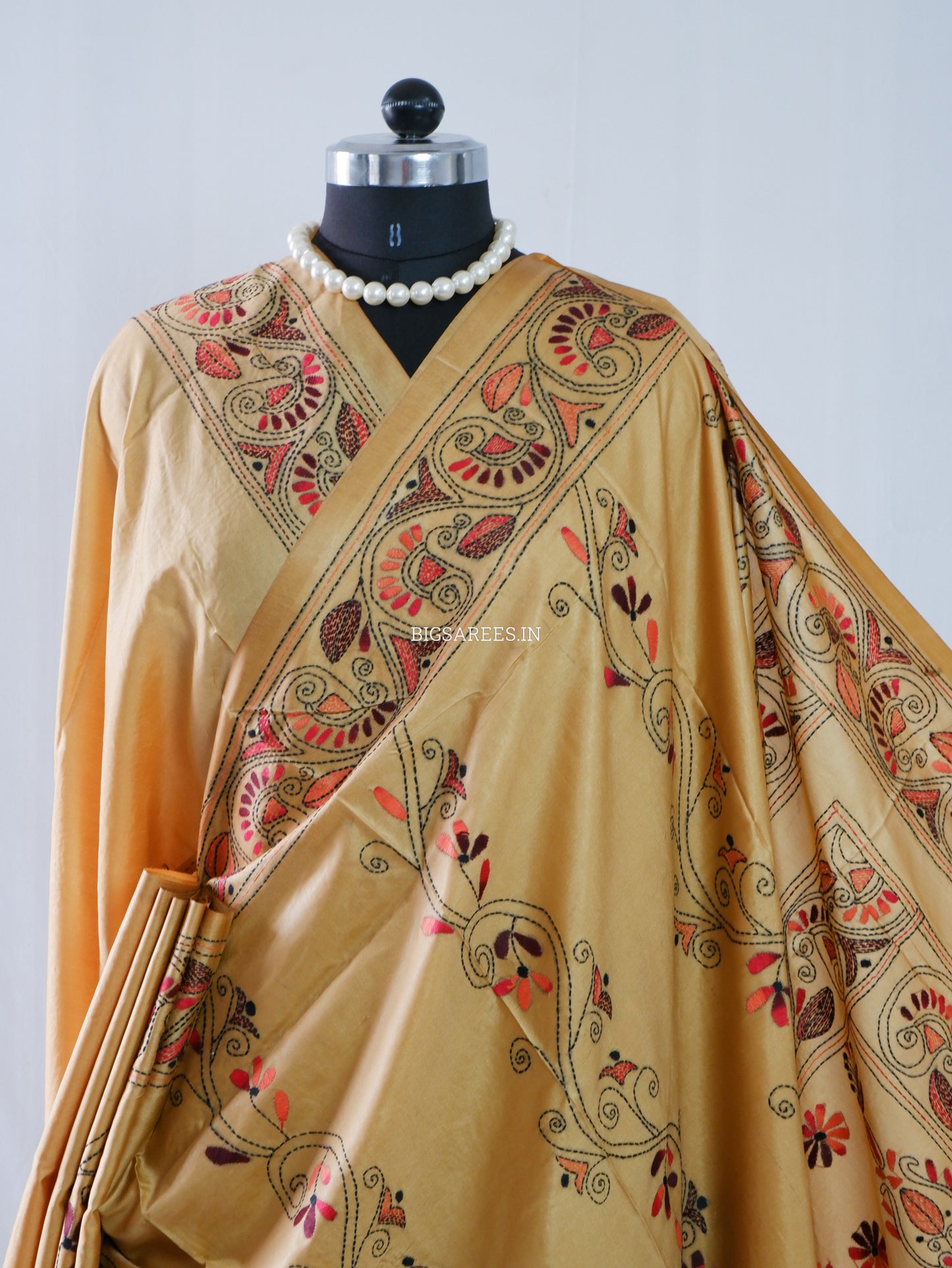 Kantha-Stitch Hand Embroidered Saree | Blended Bangalore Silk / Art Silk | Golden Sand