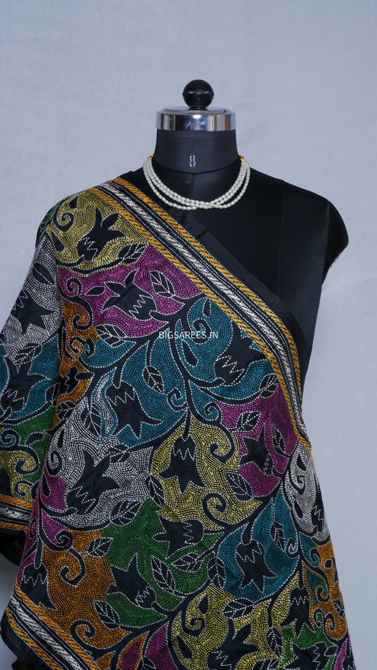 Kantha Art Silk Stole | Black | 22" |