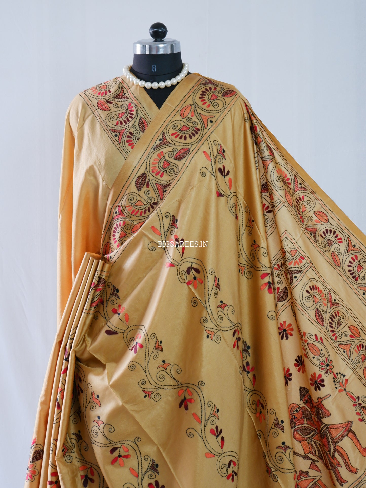 Kantha-Stitch Hand Embroidered Saree | Blended Bangalore Silk / Art Silk | Golden Sand
