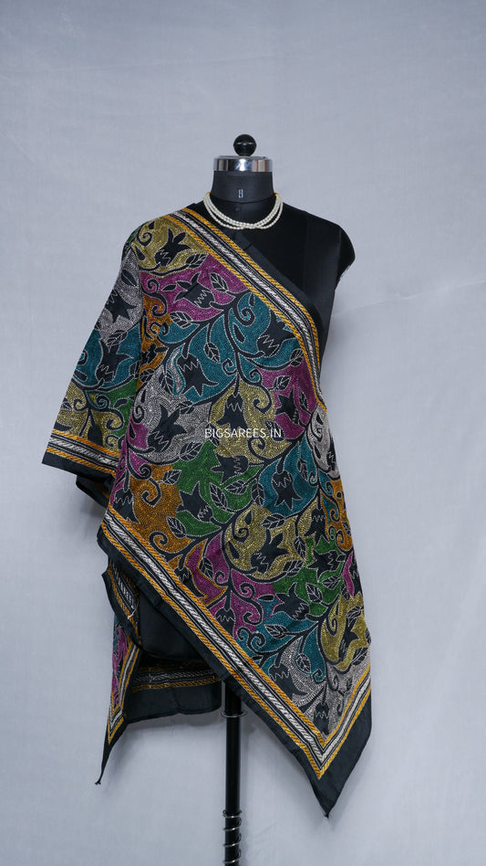 Kantha Art Silk Stole | Black | 22" |