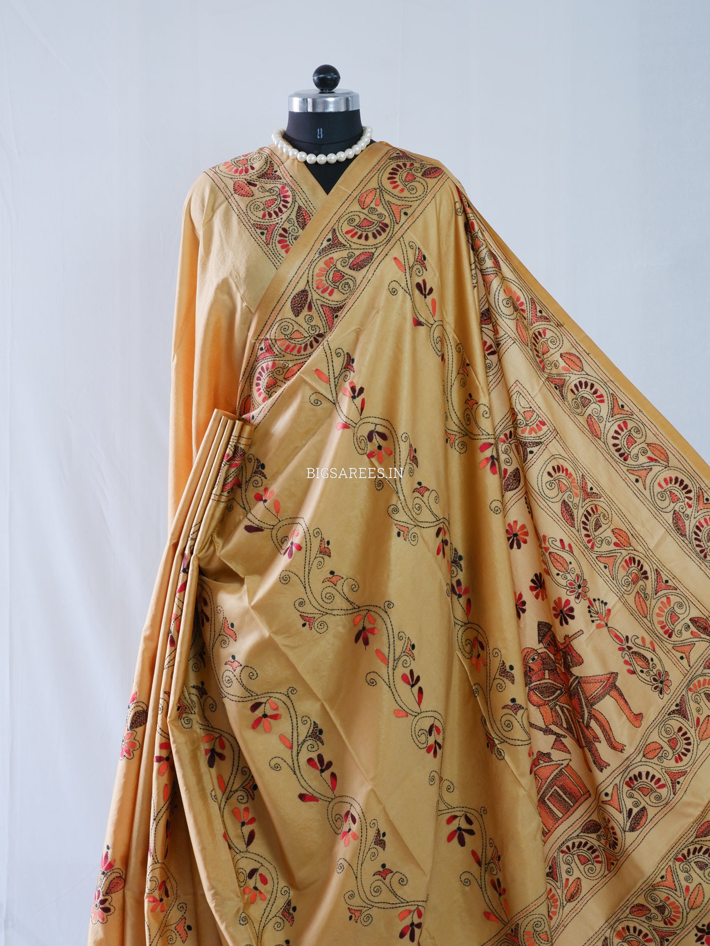 Kantha-Stitch Hand Embroidered Saree | Blended Bangalore Silk / Art Silk | Golden Sand