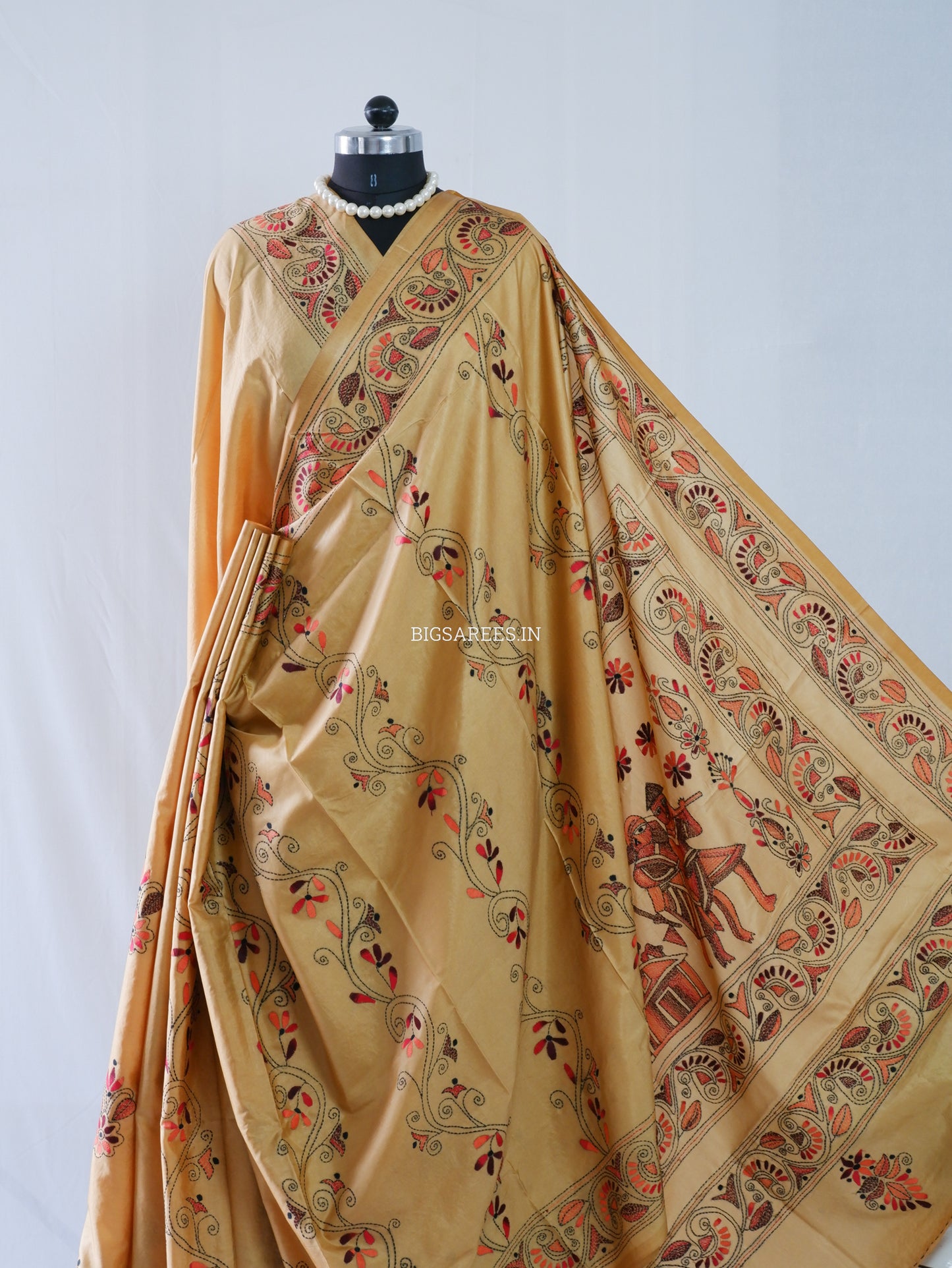 Kantha-Stitch Hand Embroidered Saree | Blended Bangalore Silk / Art Silk | Golden Sand