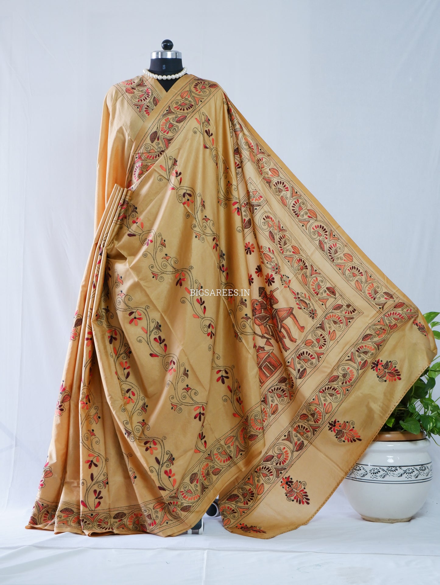 Kantha-Stitch Hand Embroidered Saree | Blended Bangalore Silk / Art Silk | Golden Sand
