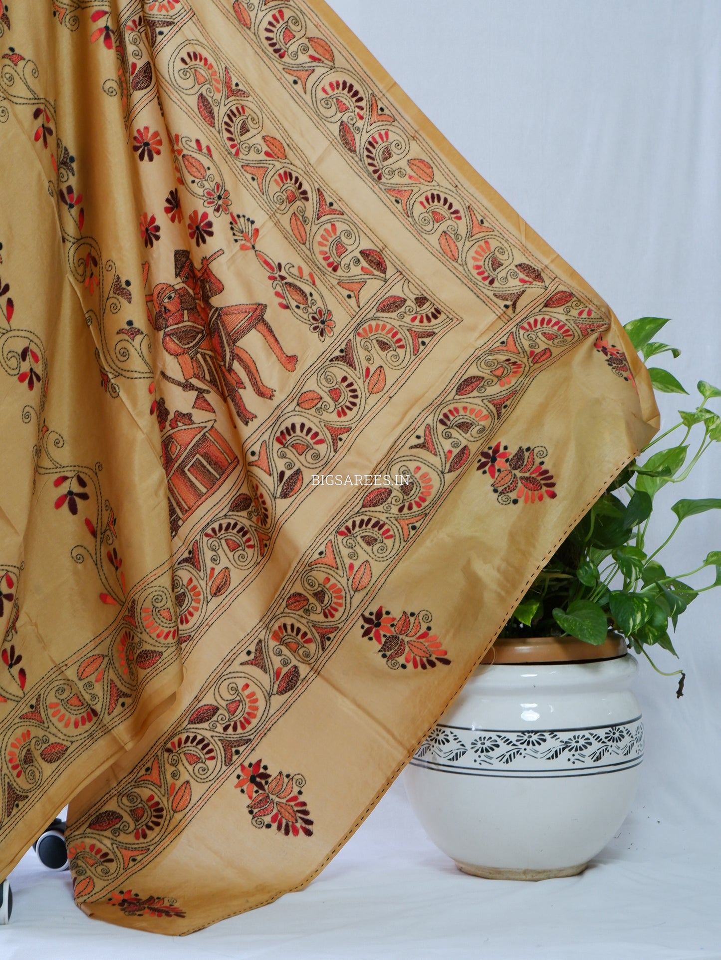 Kantha-Stitch Hand Embroidered Saree | Blended Bangalore Silk / Art Silk | Golden Sand