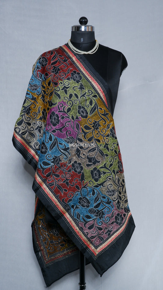 Kantha Art Silk Stole | Black | 22" |