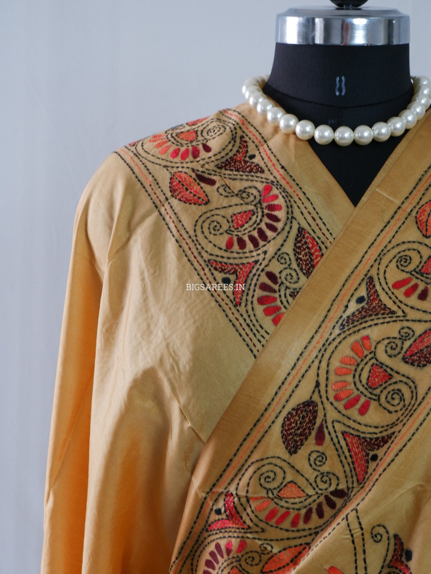 Kantha-Stitch Hand Embroidered Saree | Blended Bangalore Silk / Art Silk | Golden Sand