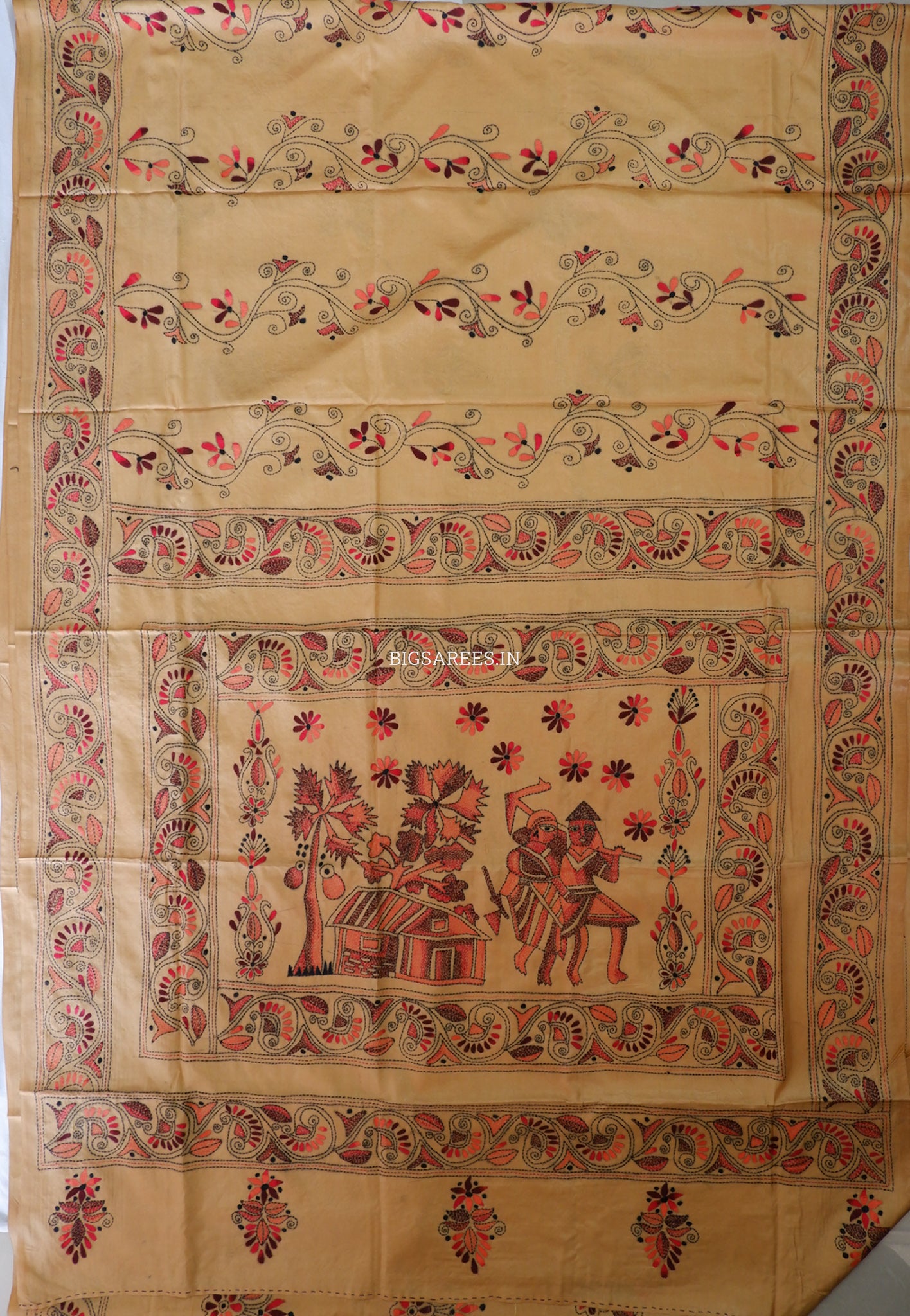 Kantha-Stitch Hand Embroidered Saree | Blended Bangalore Silk / Art Silk | Golden Sand