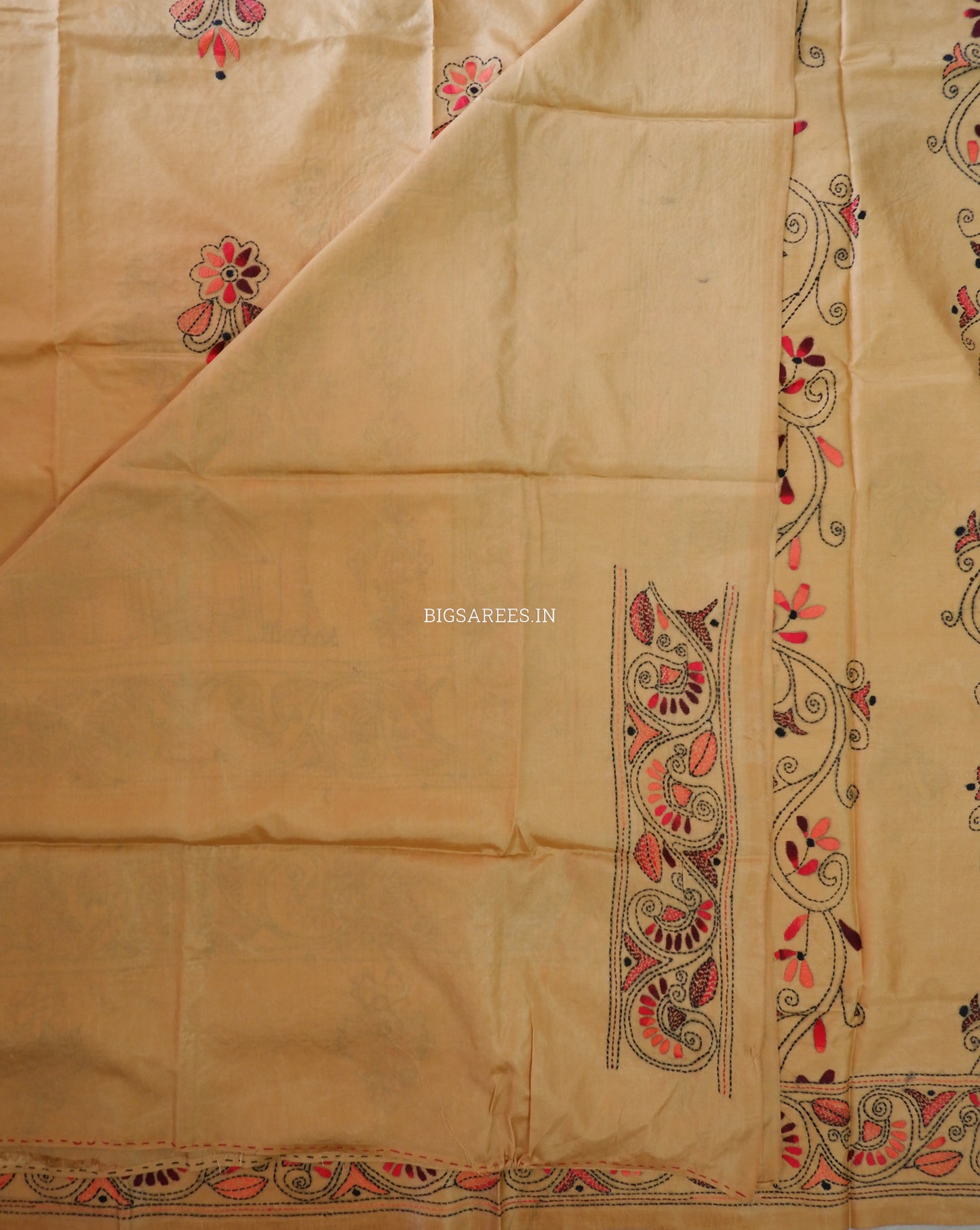 Kantha-Stitch Hand Embroidered Saree | Blended Bangalore Silk / Art Silk | Golden Sand