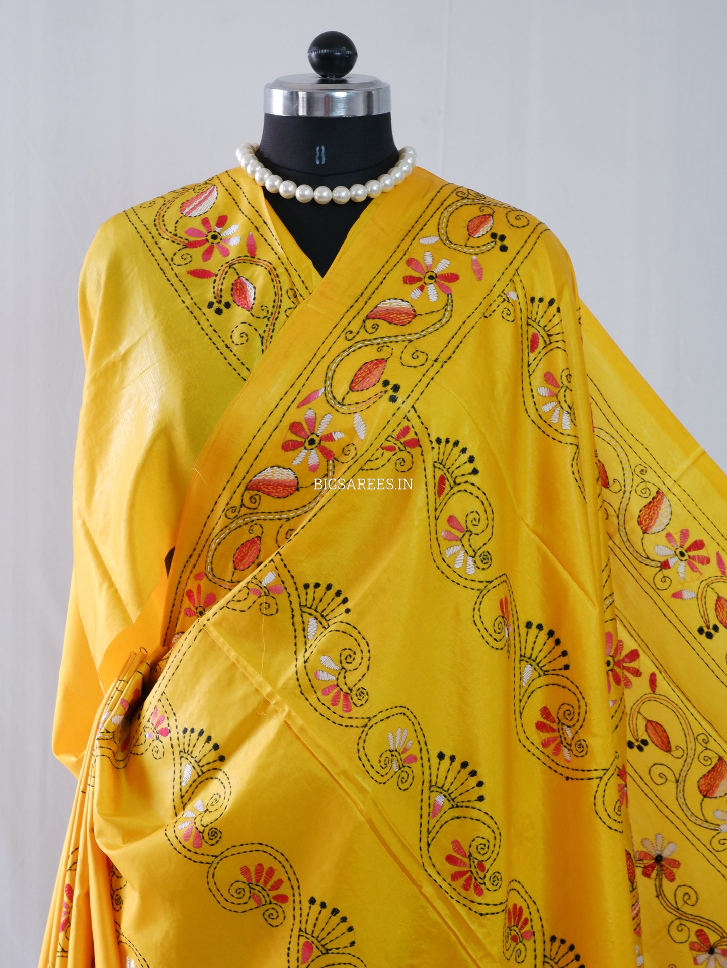 Kantha Stitch Hand Embroidered Saree | Blended Bangalore Silk / Art Silk | Yellow