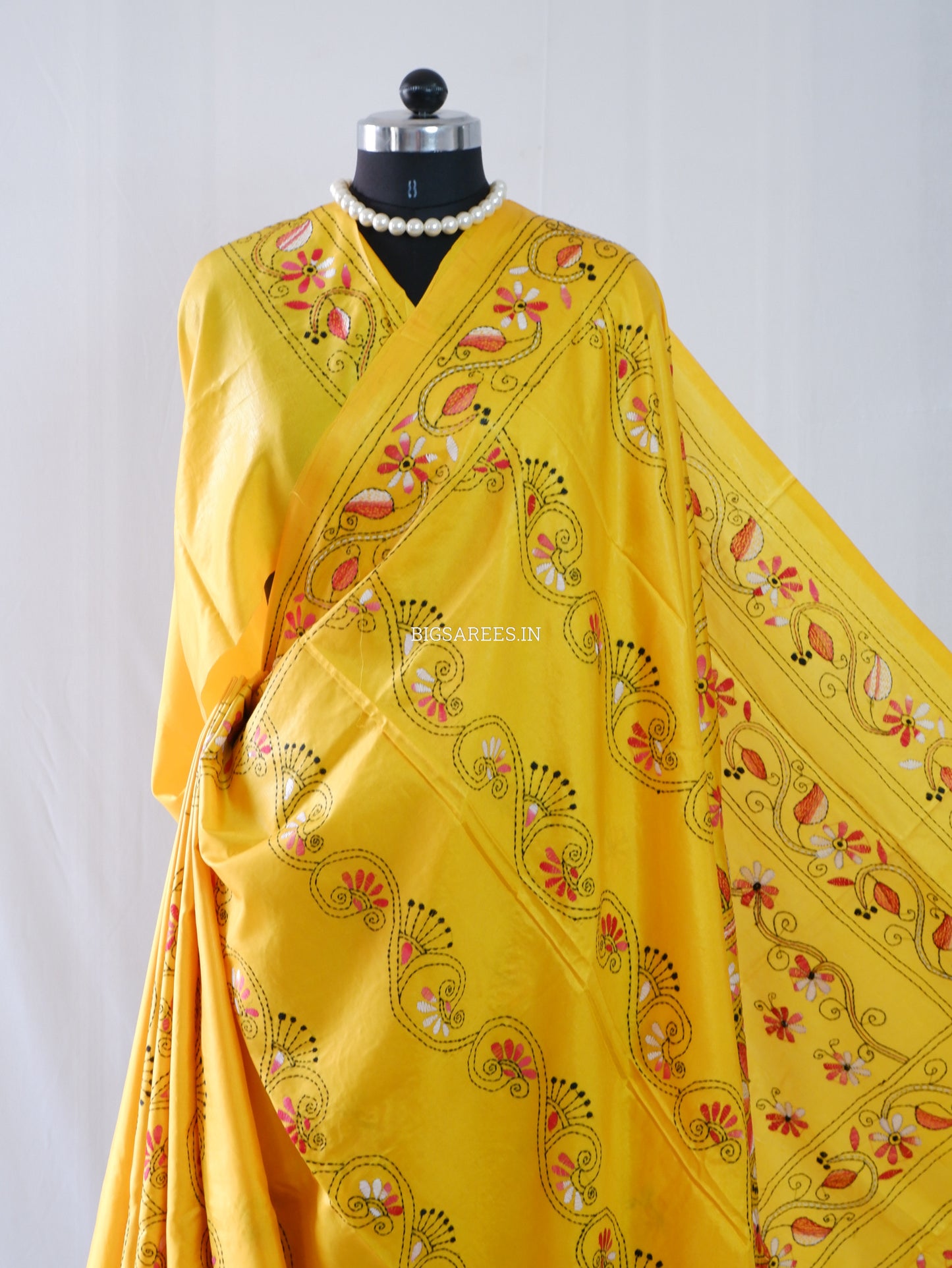 Kantha Stitch Hand Embroidered Saree | Blended Bangalore Silk / Art Silk | Yellow