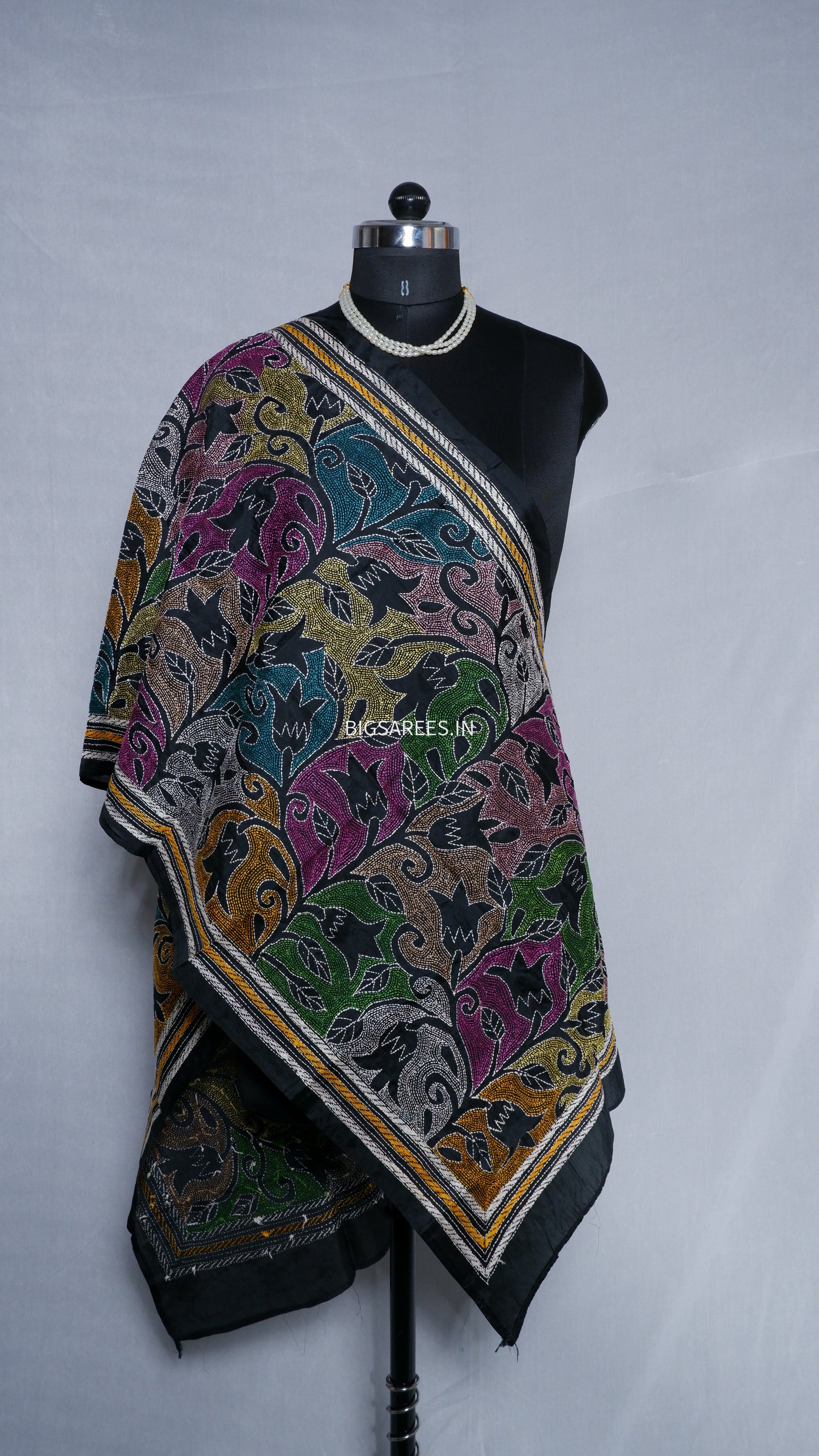 Kantha Art Silk Stole | Black | 22" |