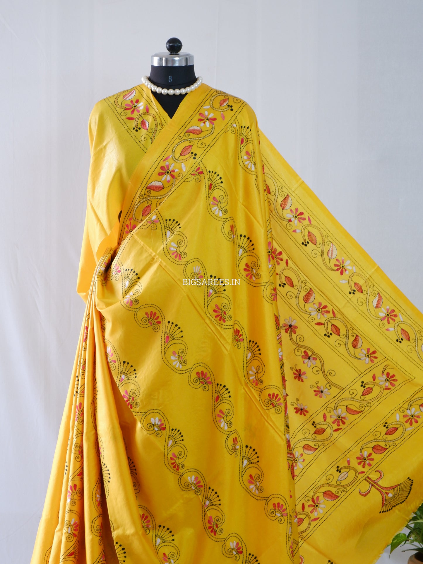 Kantha Stitch Hand Embroidered Saree | Blended Bangalore Silk / Art Silk | Yellow