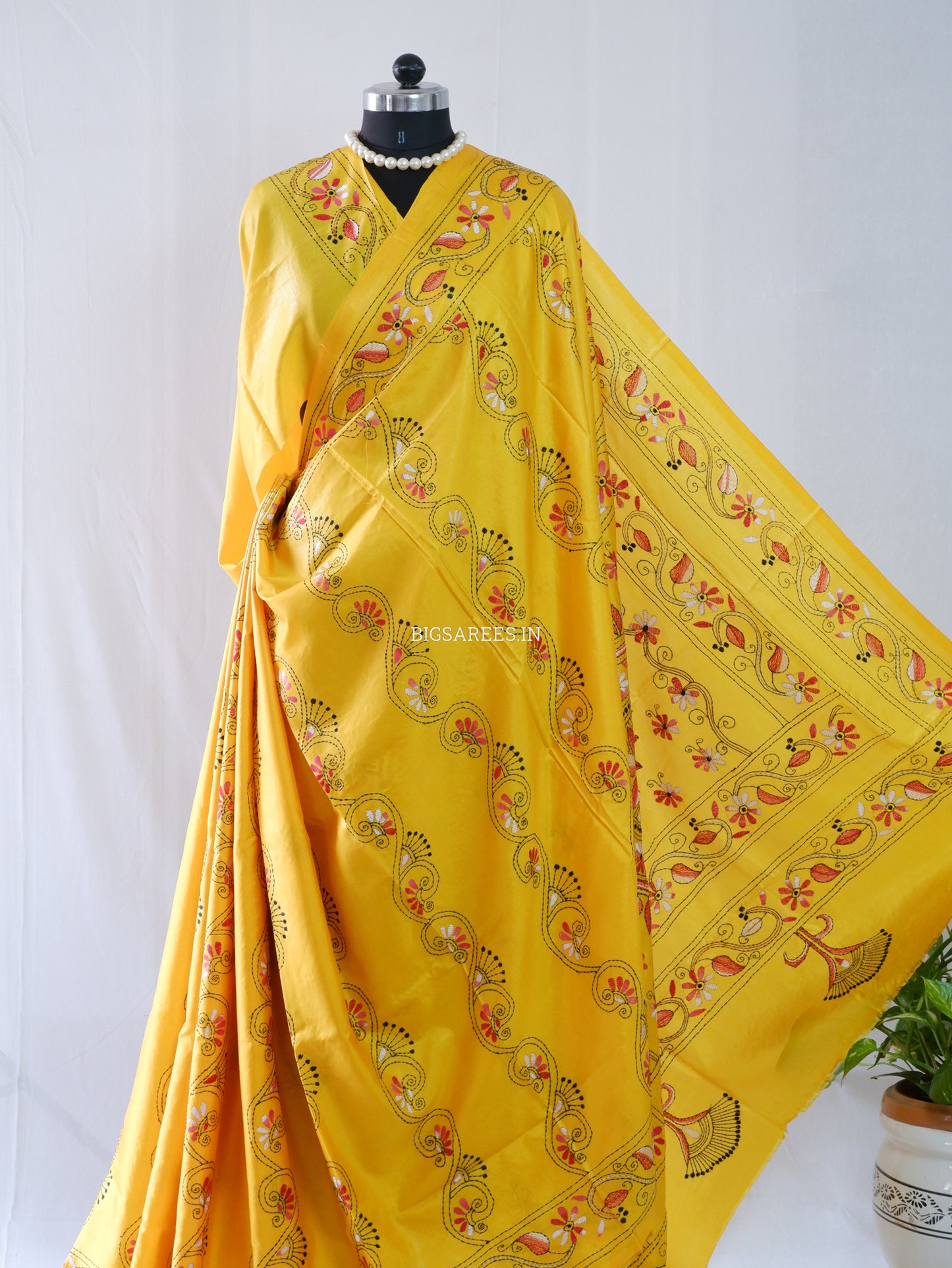 Kantha Stitch Hand Embroidered Saree | Blended Bangalore Silk / Art Silk | Yellow