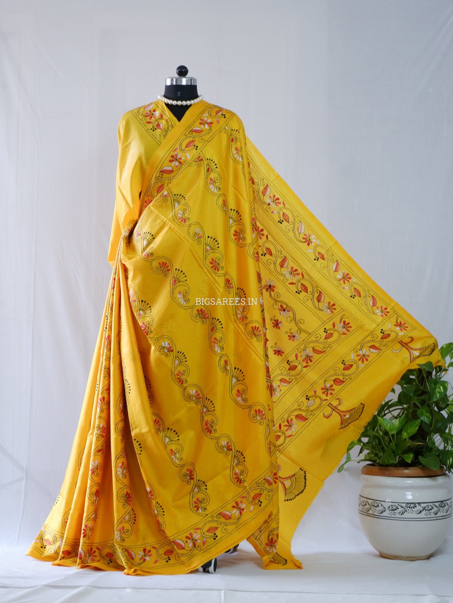 Kantha Stitch Hand Embroidered Saree | Blended Bangalore Silk / Art Silk | Yellow