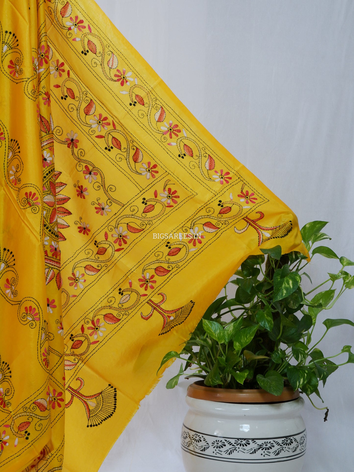 Kantha Stitch Hand Embroidered Saree | Blended Bangalore Silk / Art Silk | Yellow