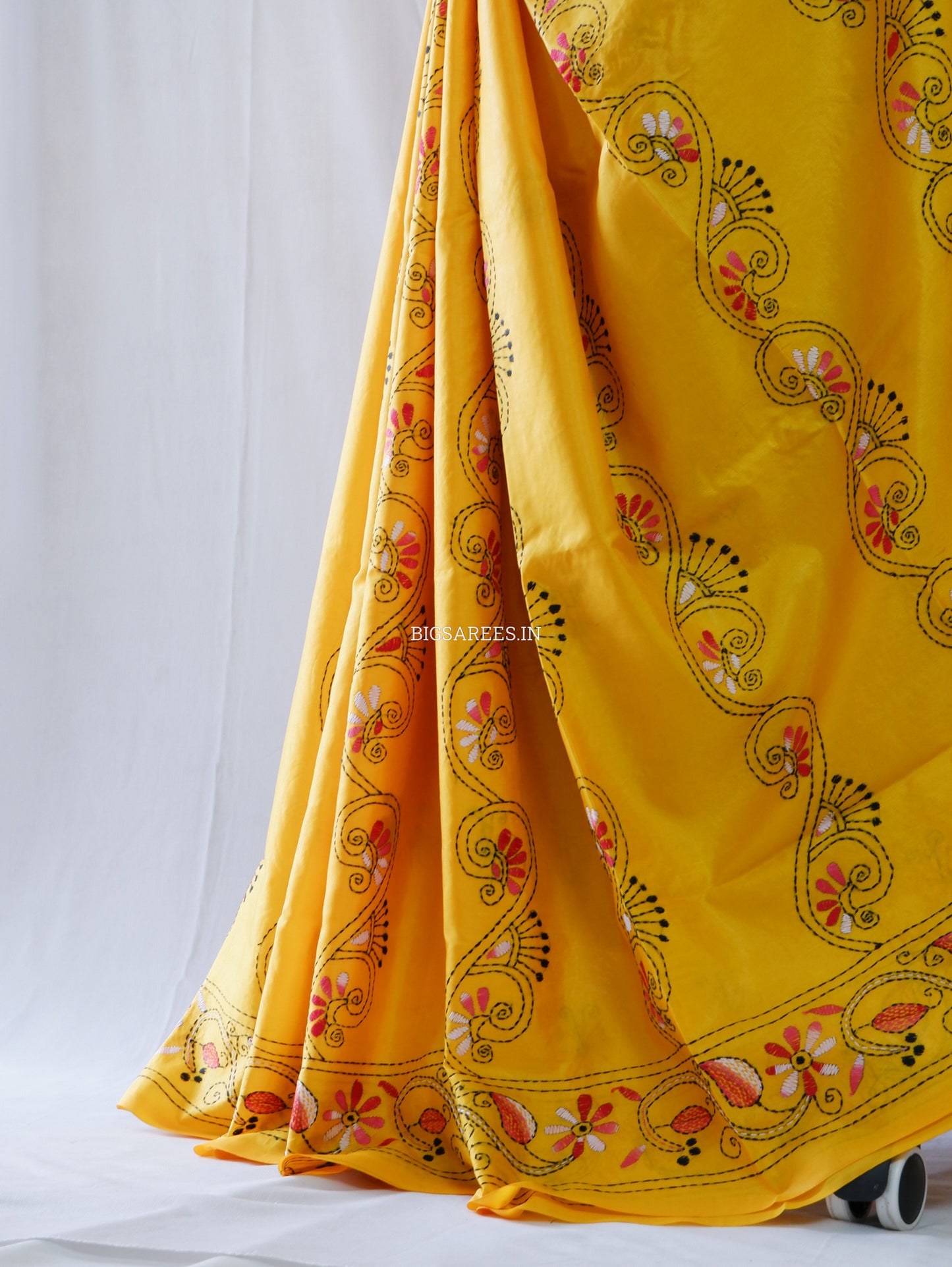 Kantha Stitch Hand Embroidered Saree | Blended Bangalore Silk / Art Silk | Yellow
