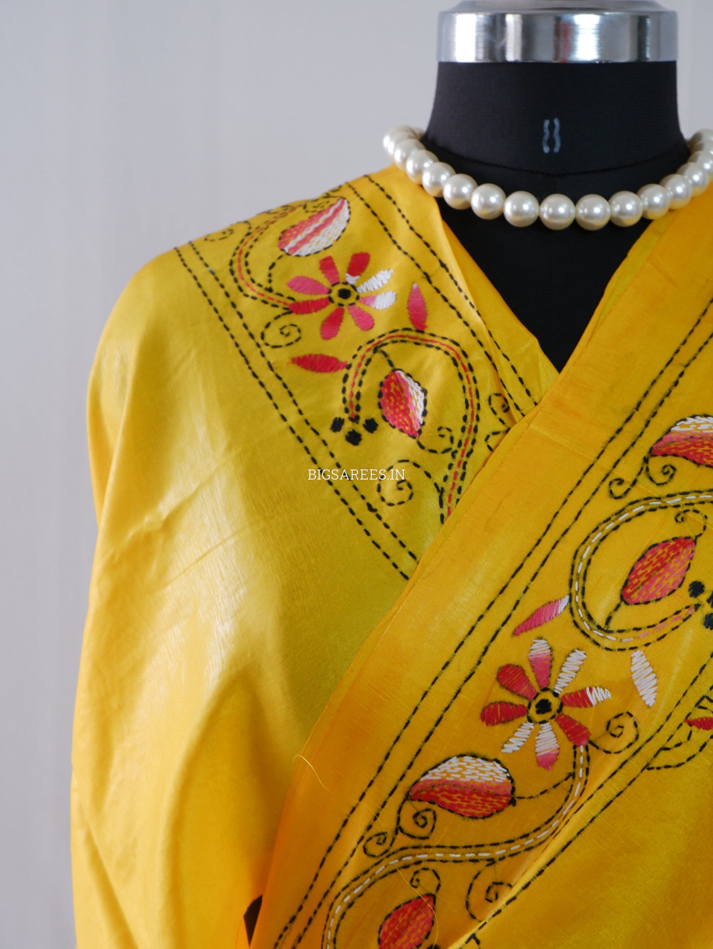 Kantha Stitch Hand Embroidered Saree | Blended Bangalore Silk / Art Silk | Yellow