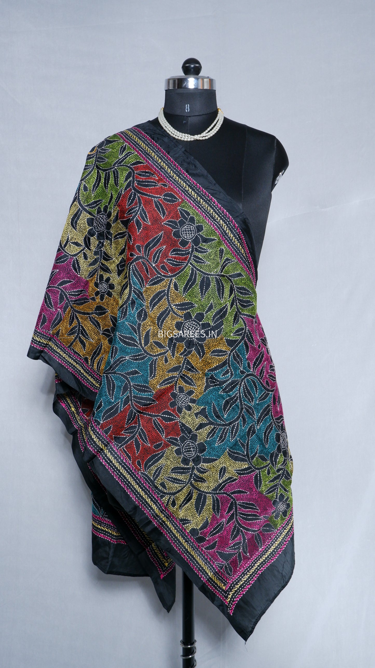 Kantha Art Silk Stole | Black | 22" |