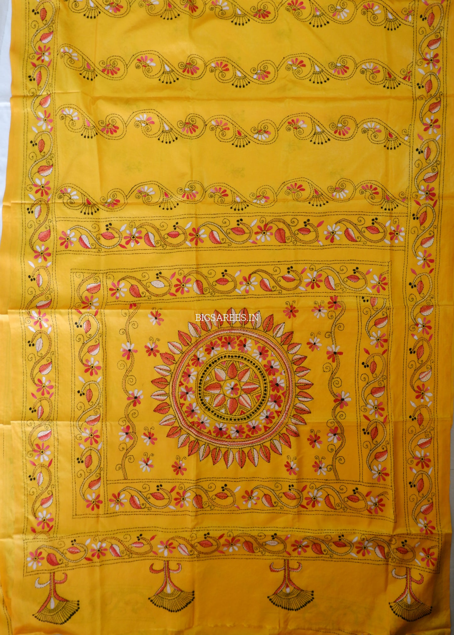 Kantha Stitch Hand Embroidered Saree | Blended Bangalore Silk / Art Silk | Yellow