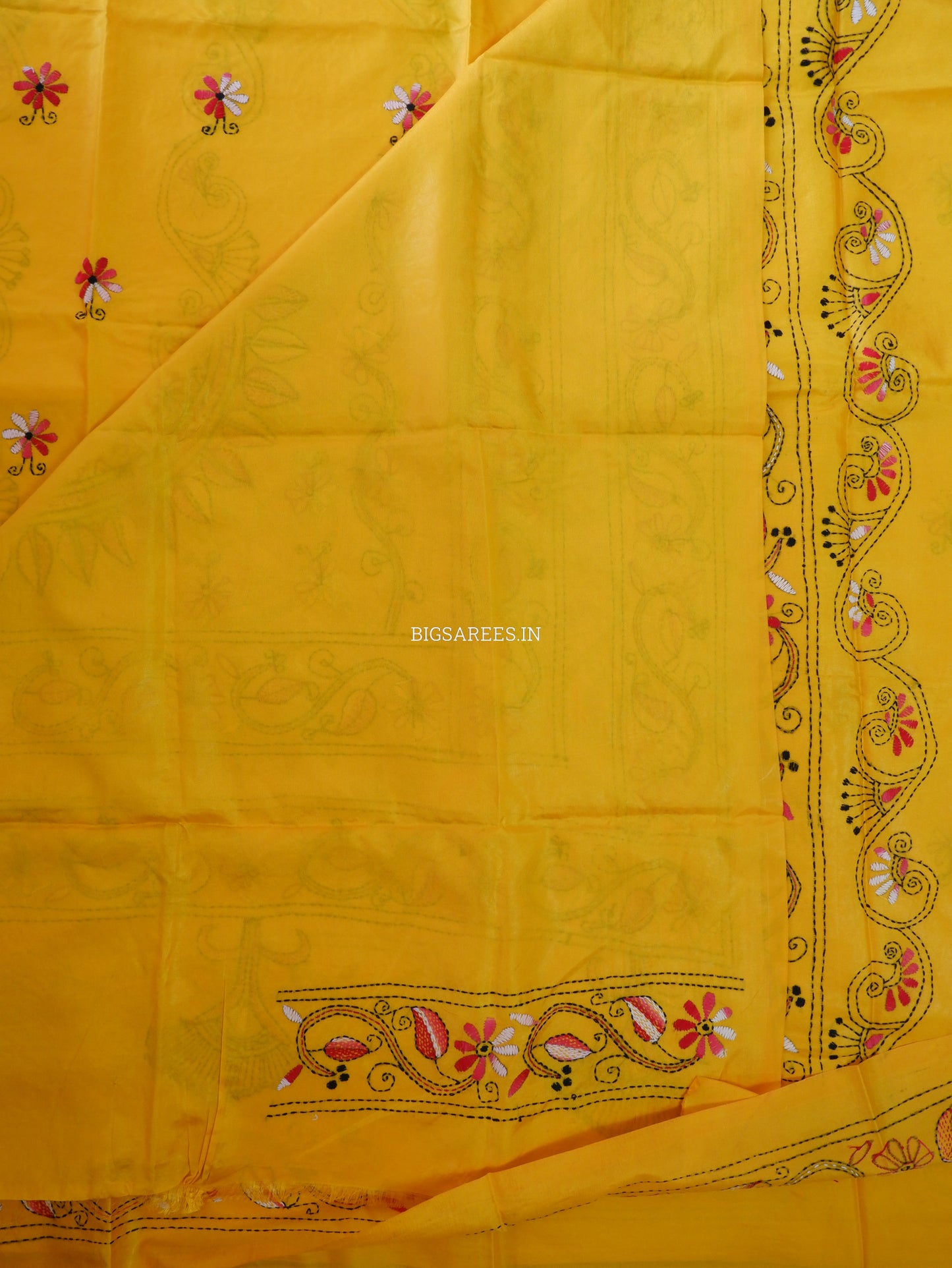 Kantha Stitch Hand Embroidered Saree | Blended Bangalore Silk / Art Silk | Yellow