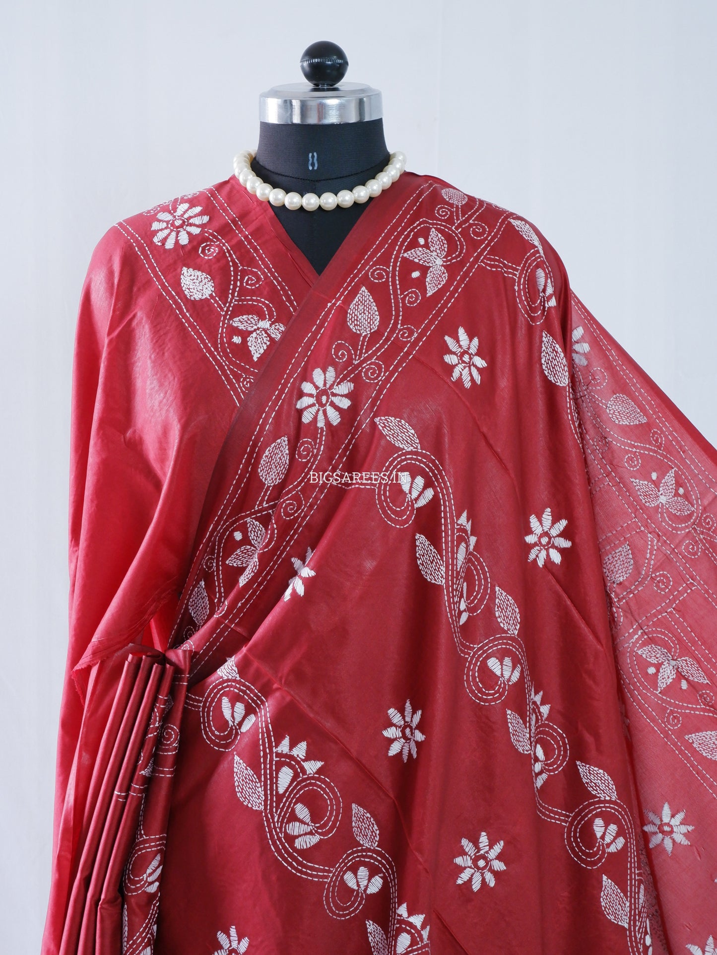 Kantha Stitch Hand Embroidered Saree | Blended Bangalore Silk / Art Silk | Maroon