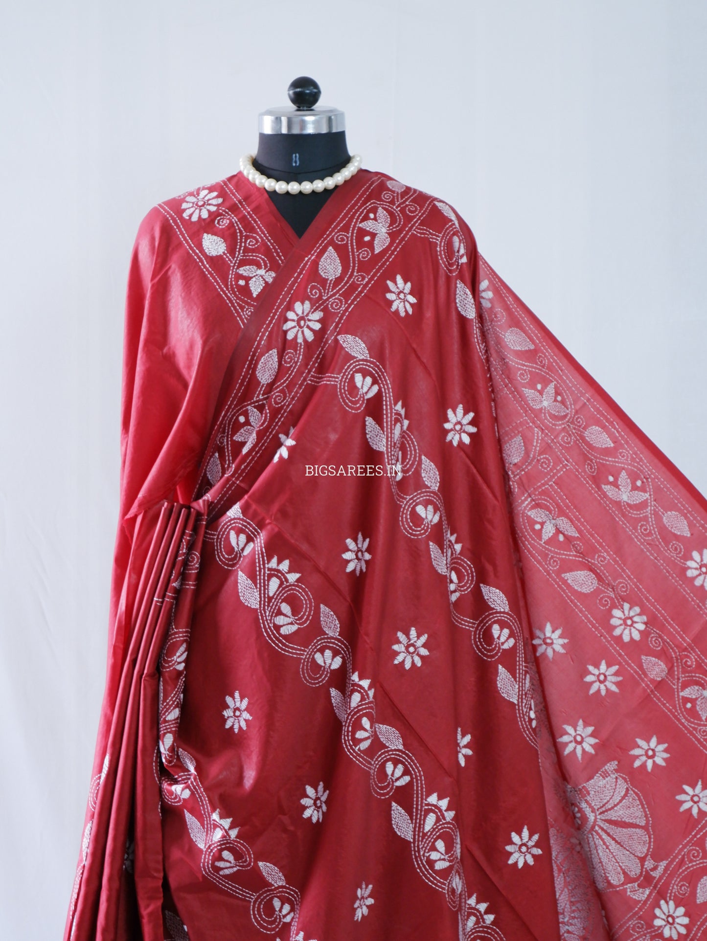 Kantha Stitch Hand Embroidered Saree | Blended Bangalore Silk / Art Silk | Maroon