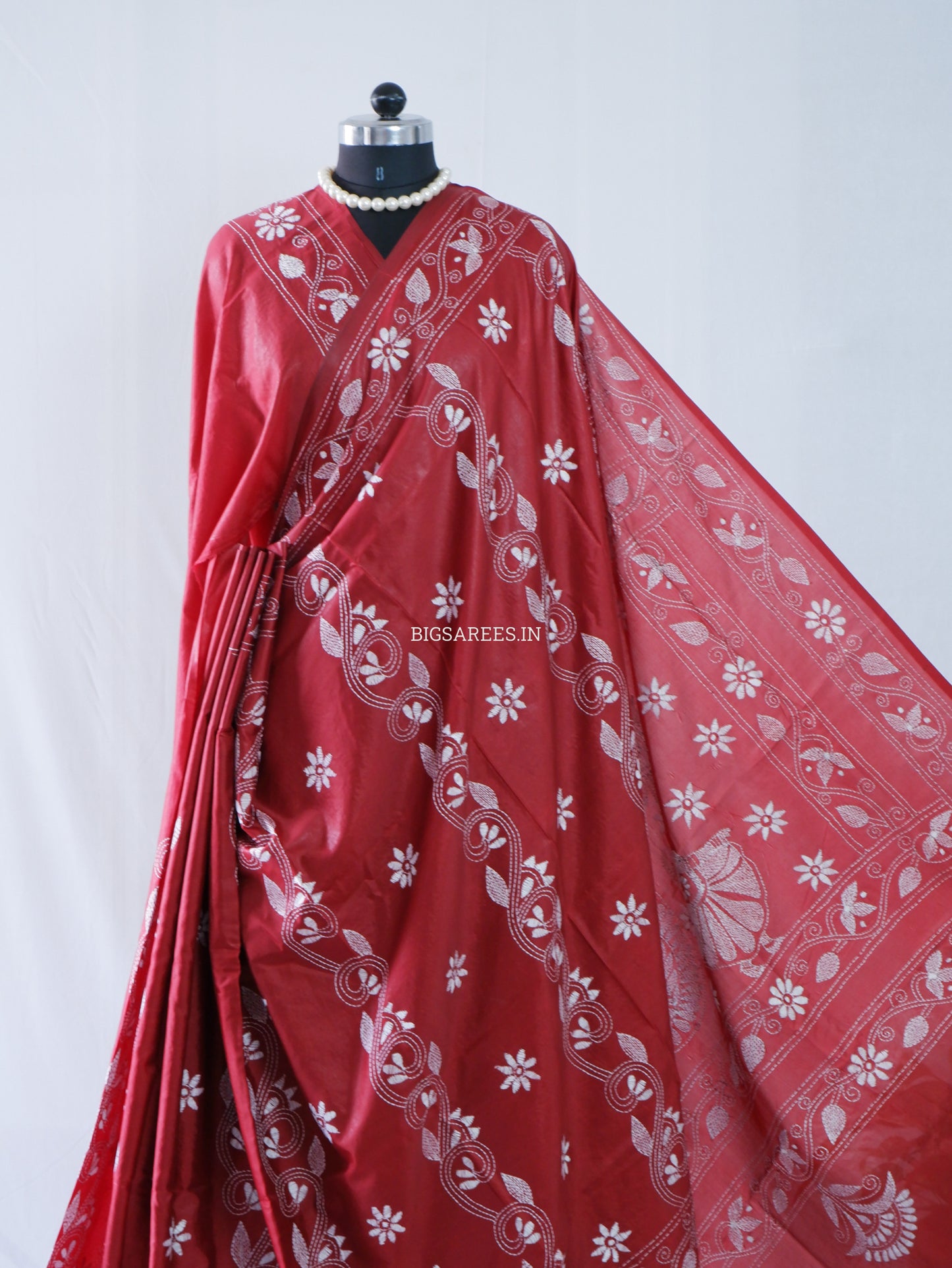 Kantha Stitch Hand Embroidered Saree | Blended Bangalore Silk / Art Silk | Maroon