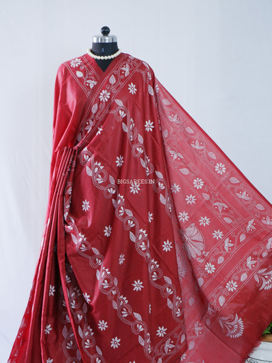 Kantha Stitch Hand Embroidered Saree | Blended Bangalore Silk / Art Silk | Maroon