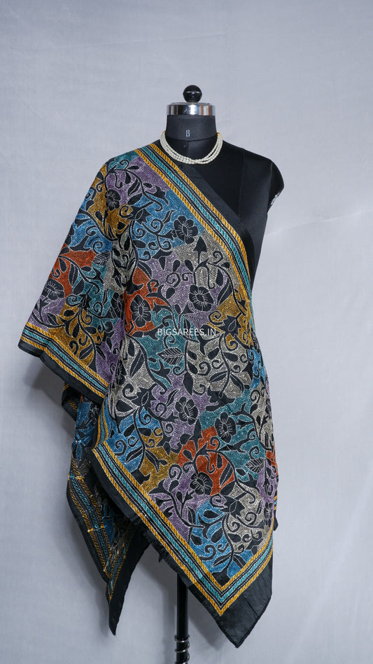 Kantha Art Silk Stole | Black | 22" |