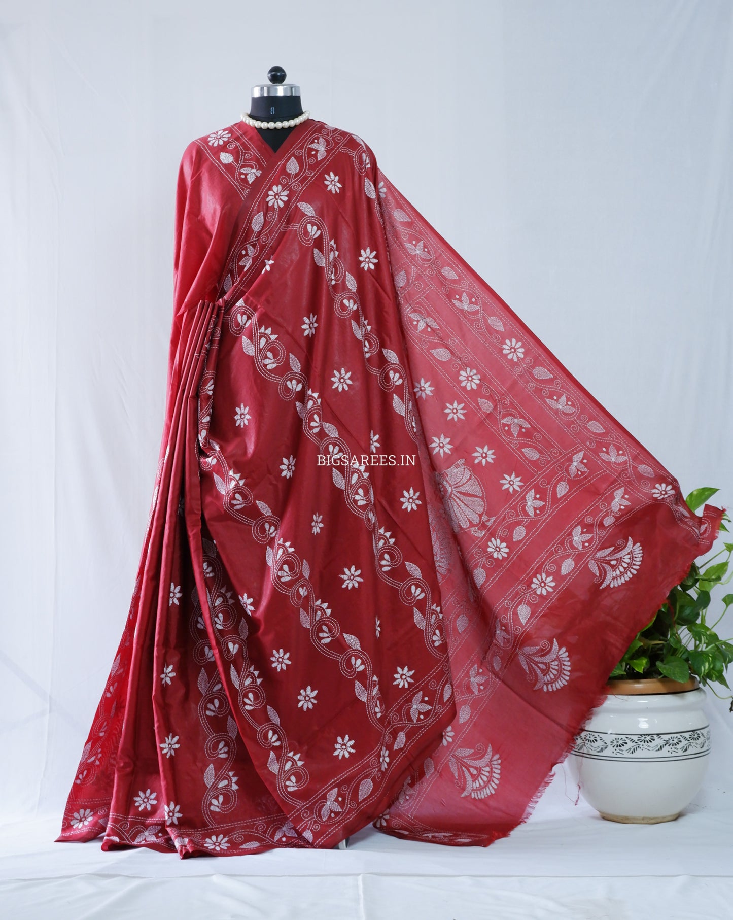 Kantha Stitch Hand Embroidered Saree | Blended Bangalore Silk / Art Silk | Maroon