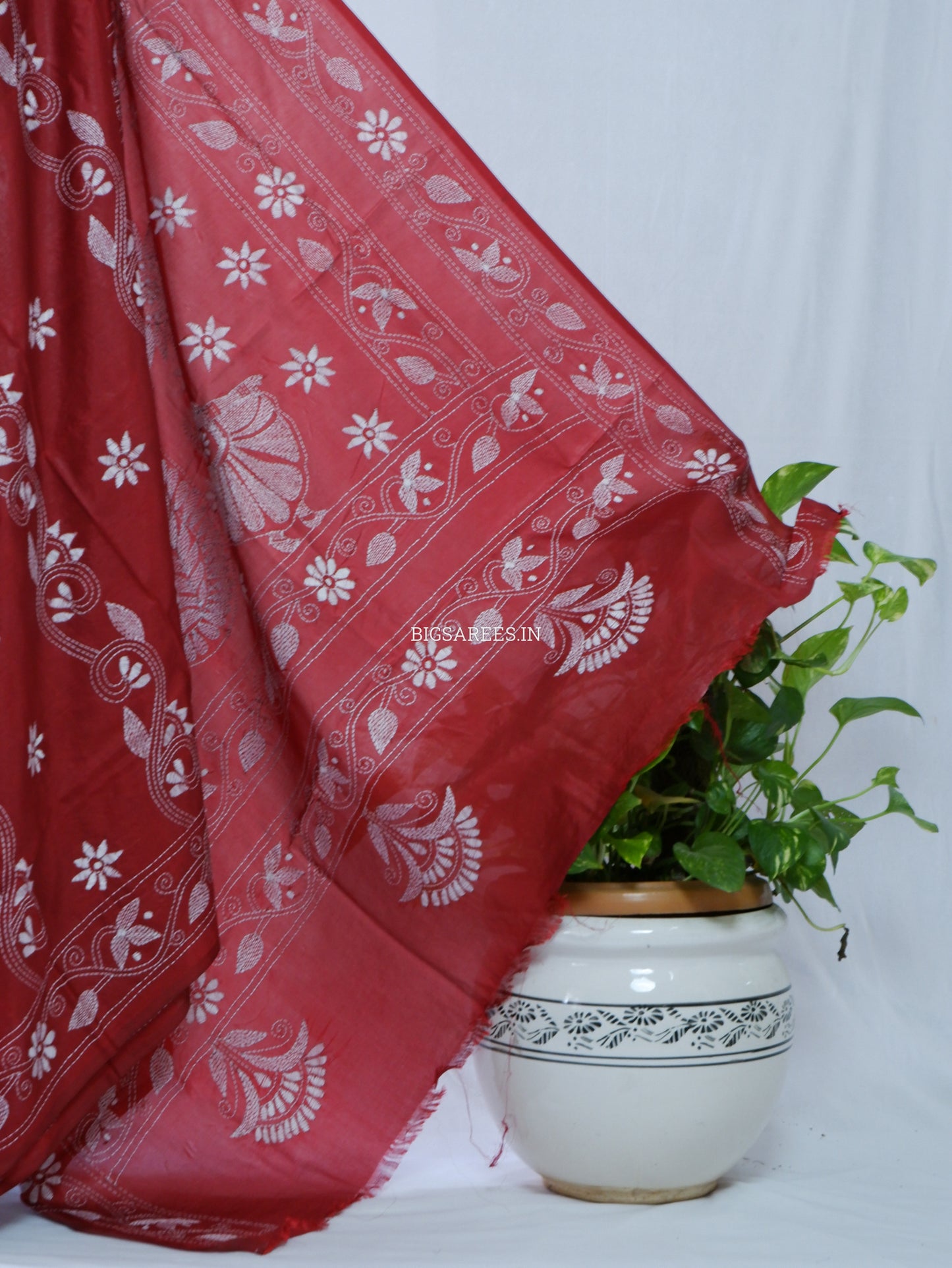 Kantha Stitch Hand Embroidered Saree | Blended Bangalore Silk / Art Silk | Maroon