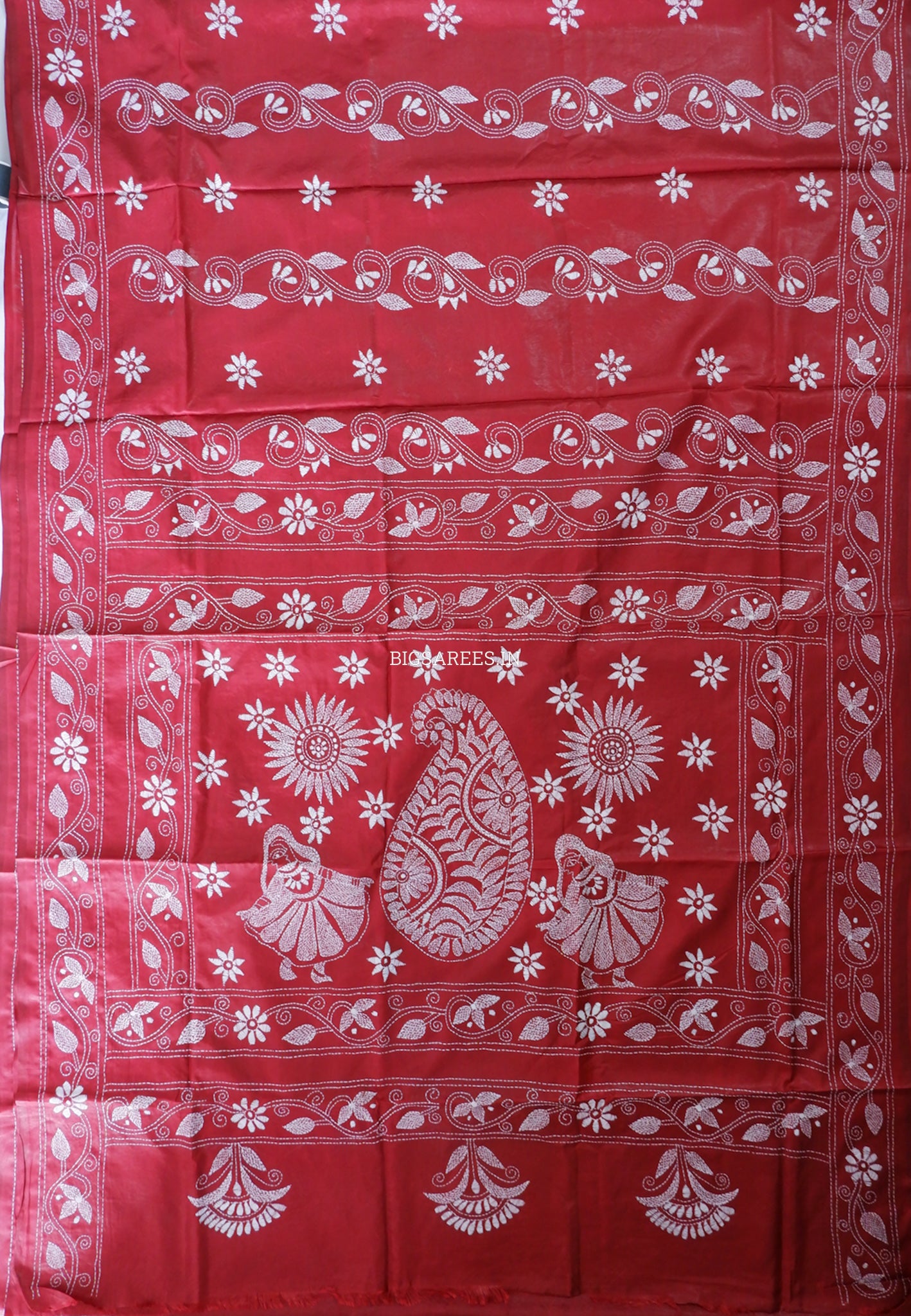 Kantha Stitch Hand Embroidered Saree | Blended Bangalore Silk / Art Silk | Maroon