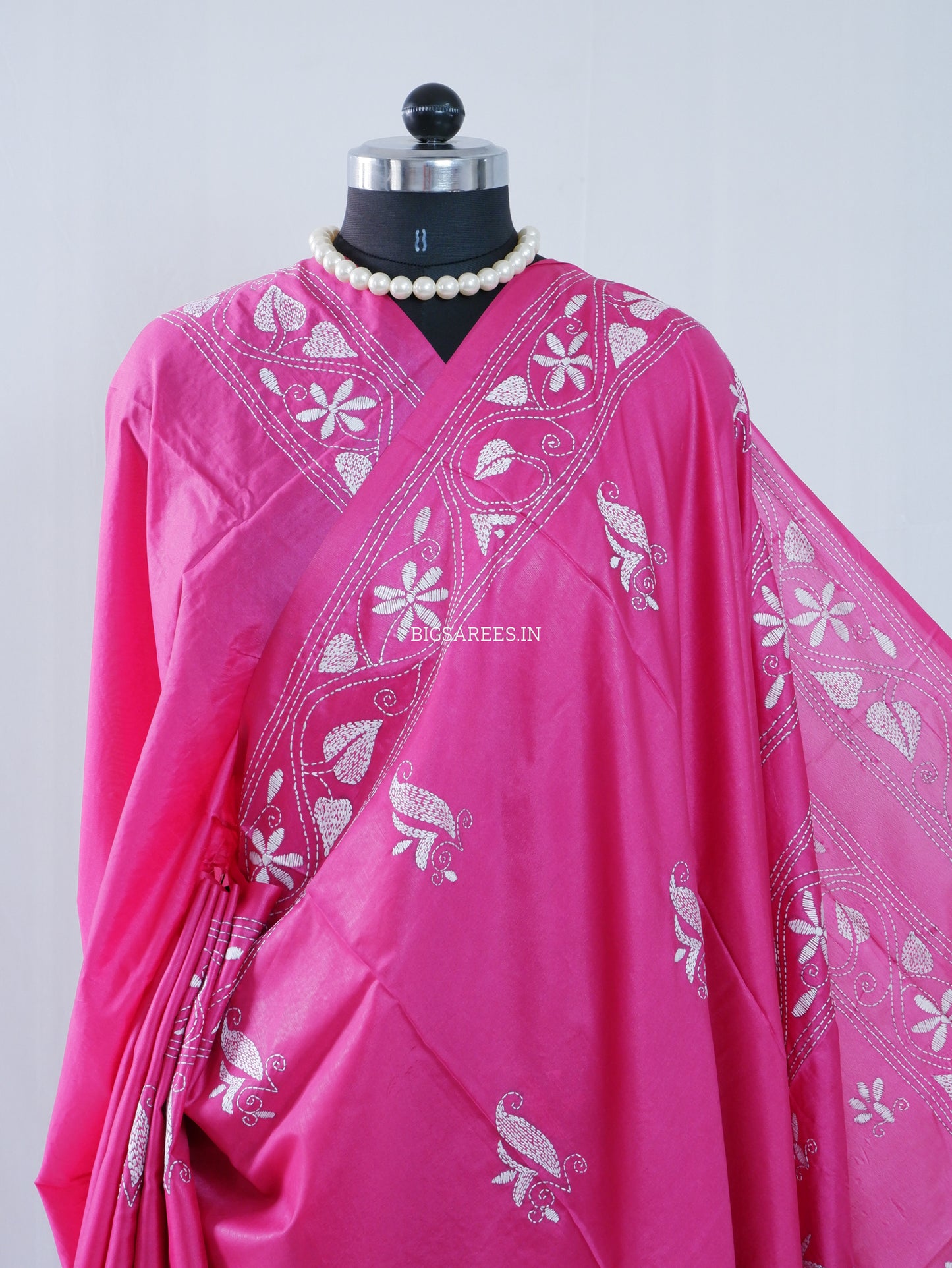 Kantha Stitch Hand Embroidered Saree | Blended Bangalore Silk / Art Silk | Pink