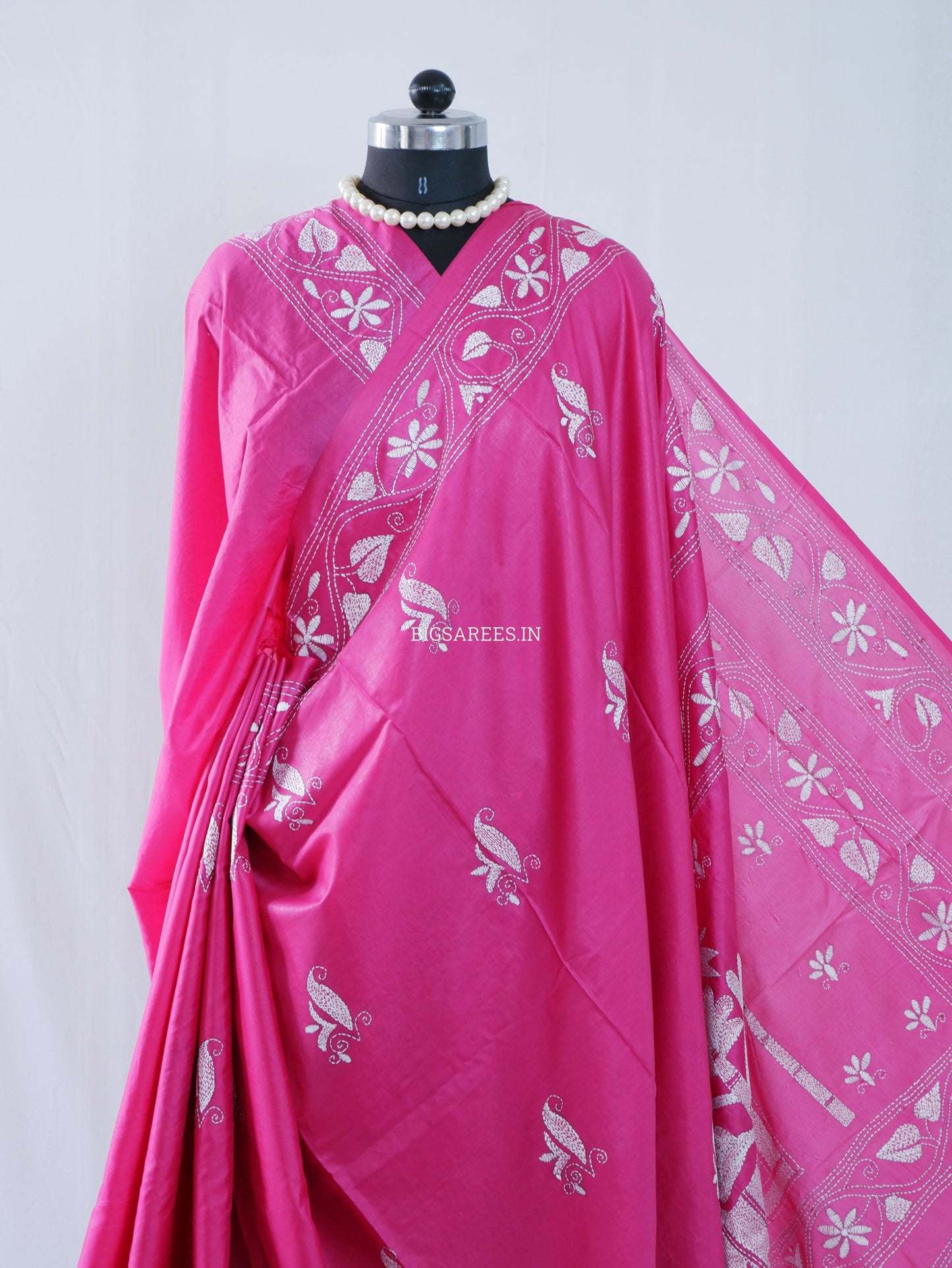 Kantha Stitch Hand Embroidered Saree | Blended Bangalore Silk / Art Silk | Pink