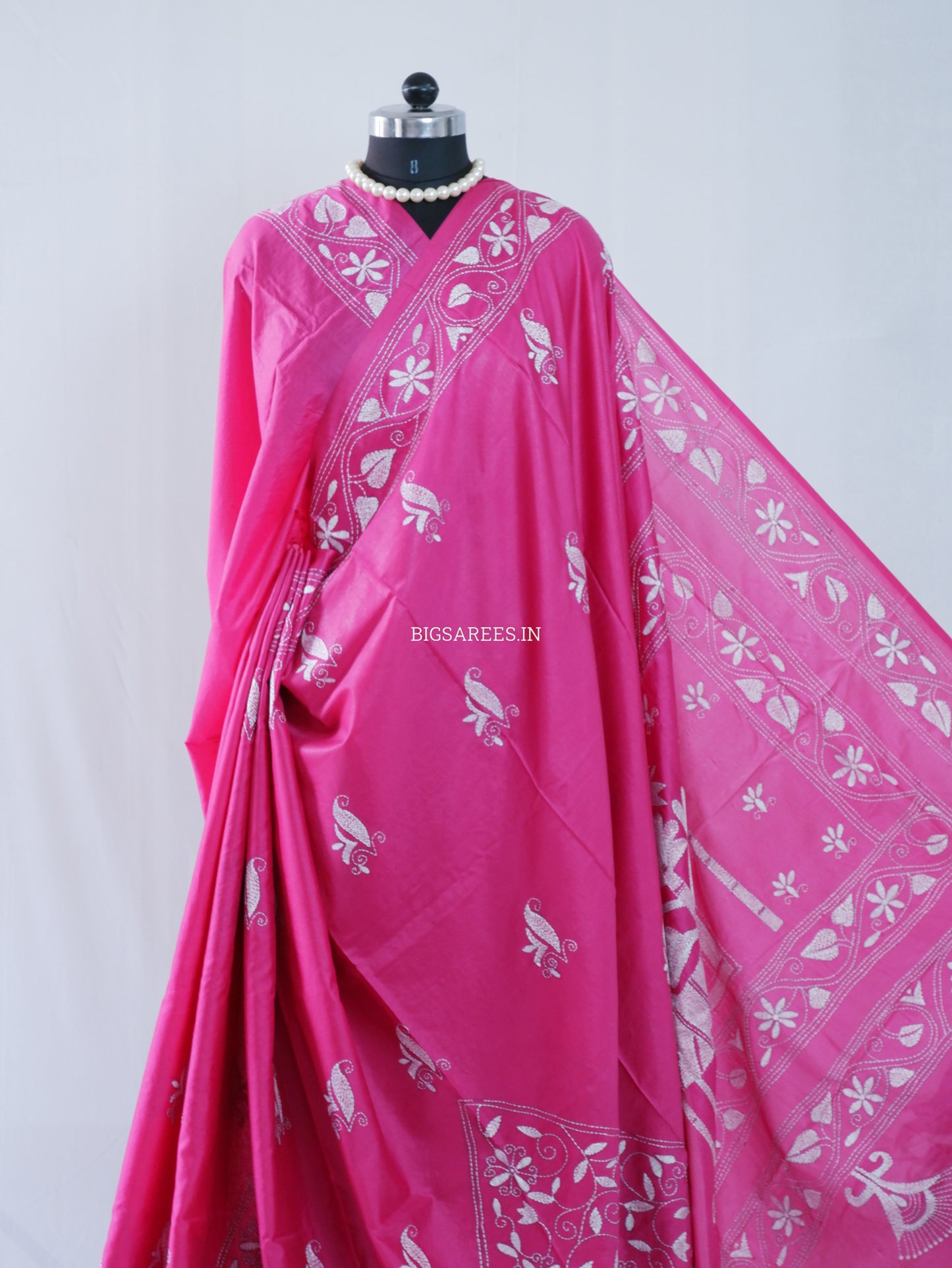 Kantha Stitch Hand Embroidered Saree | Blended Bangalore Silk / Art Silk | Pink