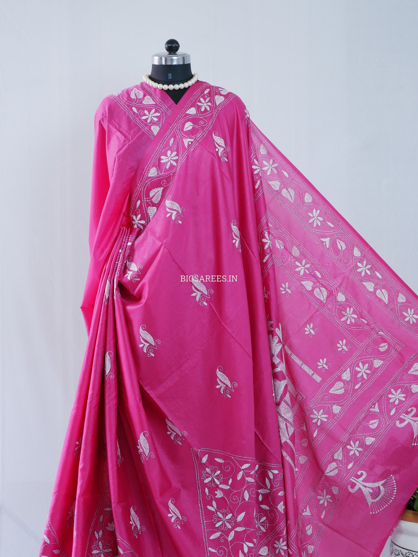 Kantha Stitch Hand Embroidered Saree | Blended Bangalore Silk / Art Silk | Pink