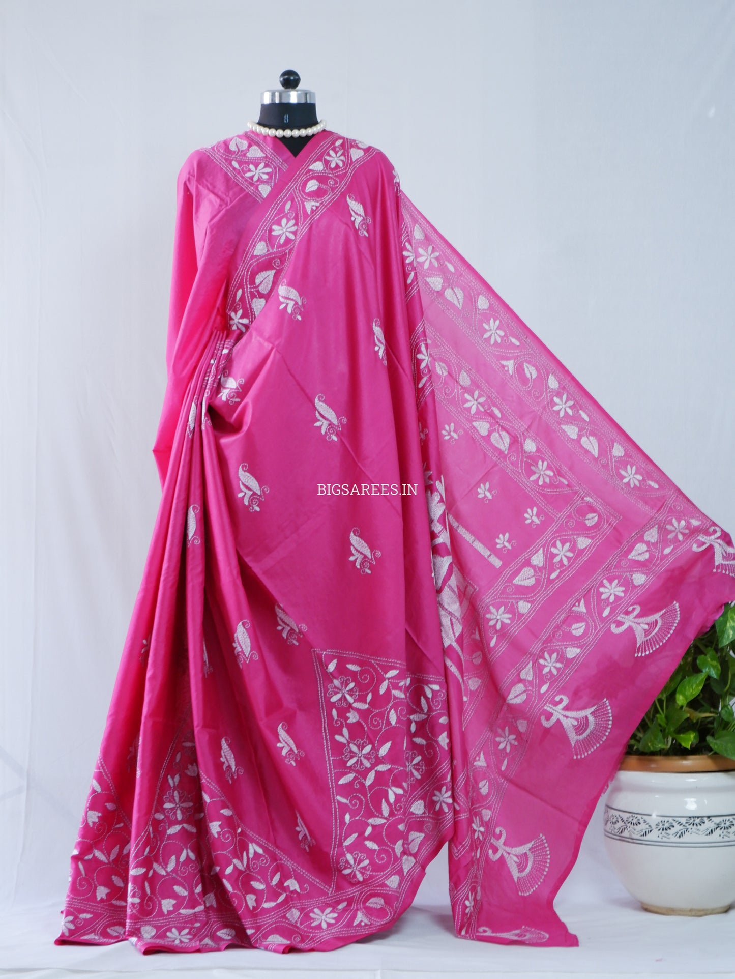 Kantha Stitch Hand Embroidered Saree | Blended Bangalore Silk / Art Silk | Pink