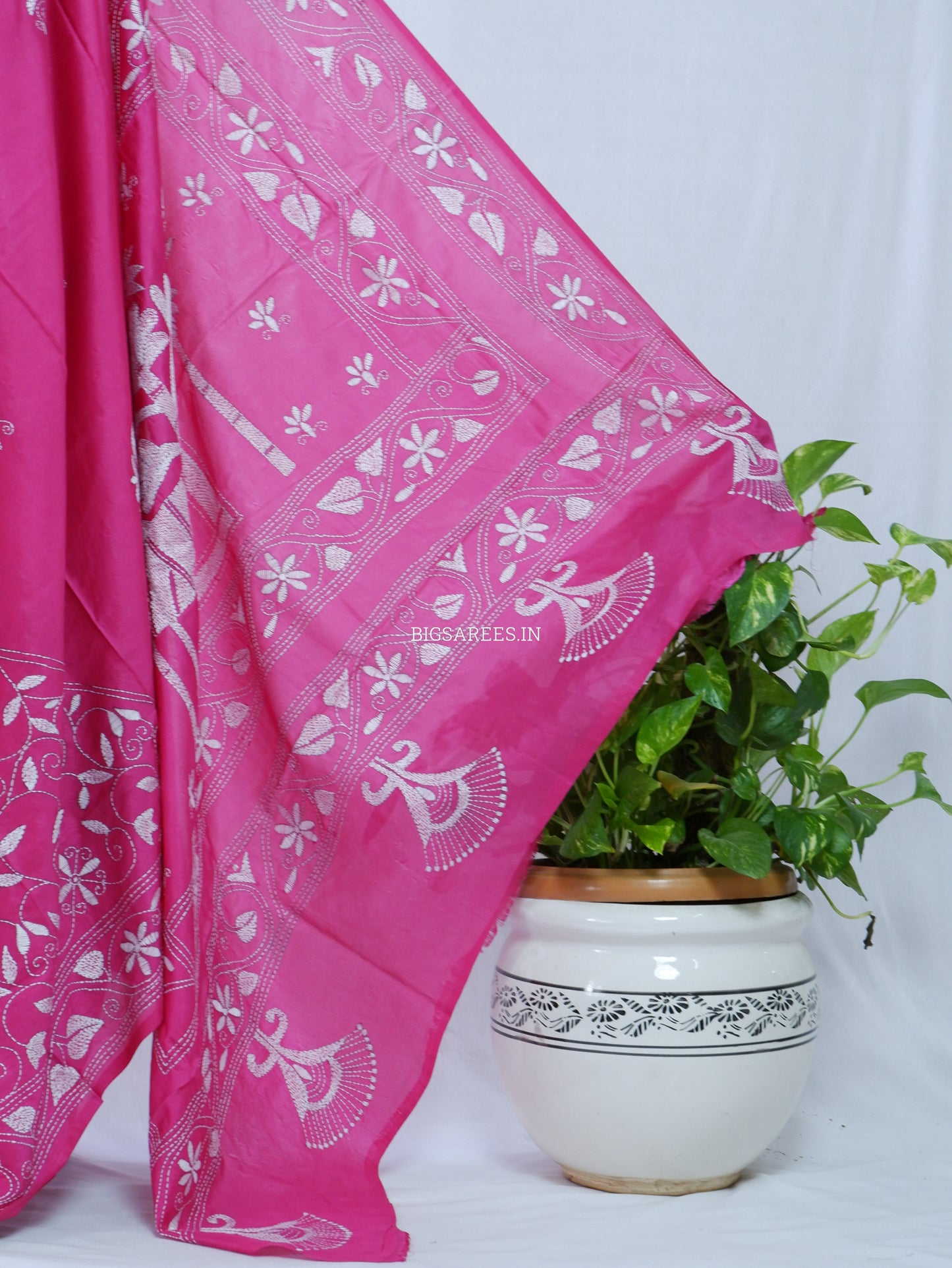 Kantha Stitch Hand Embroidered Saree | Blended Bangalore Silk / Art Silk | Pink