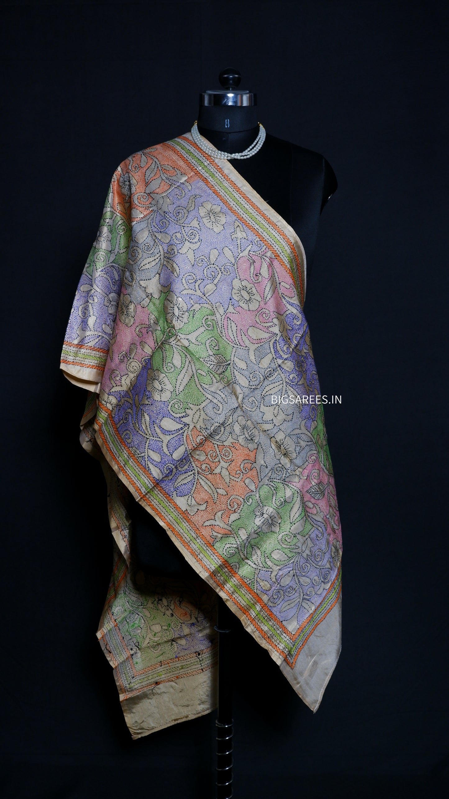 Kantha Art Silk Stole | Khaki | 22" |