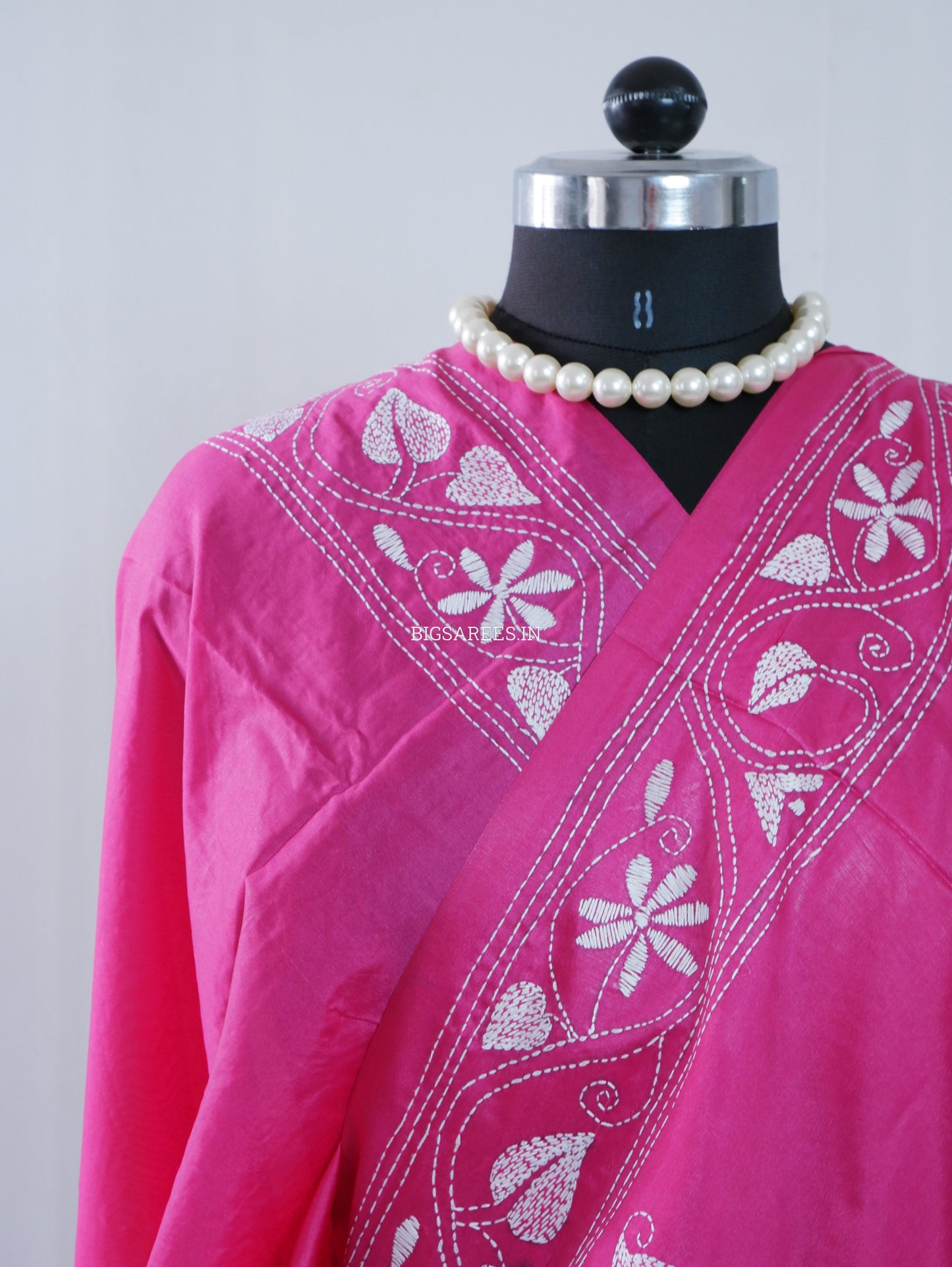 Kantha Stitch Hand Embroidered Saree | Blended Bangalore Silk / Art Silk | Pink