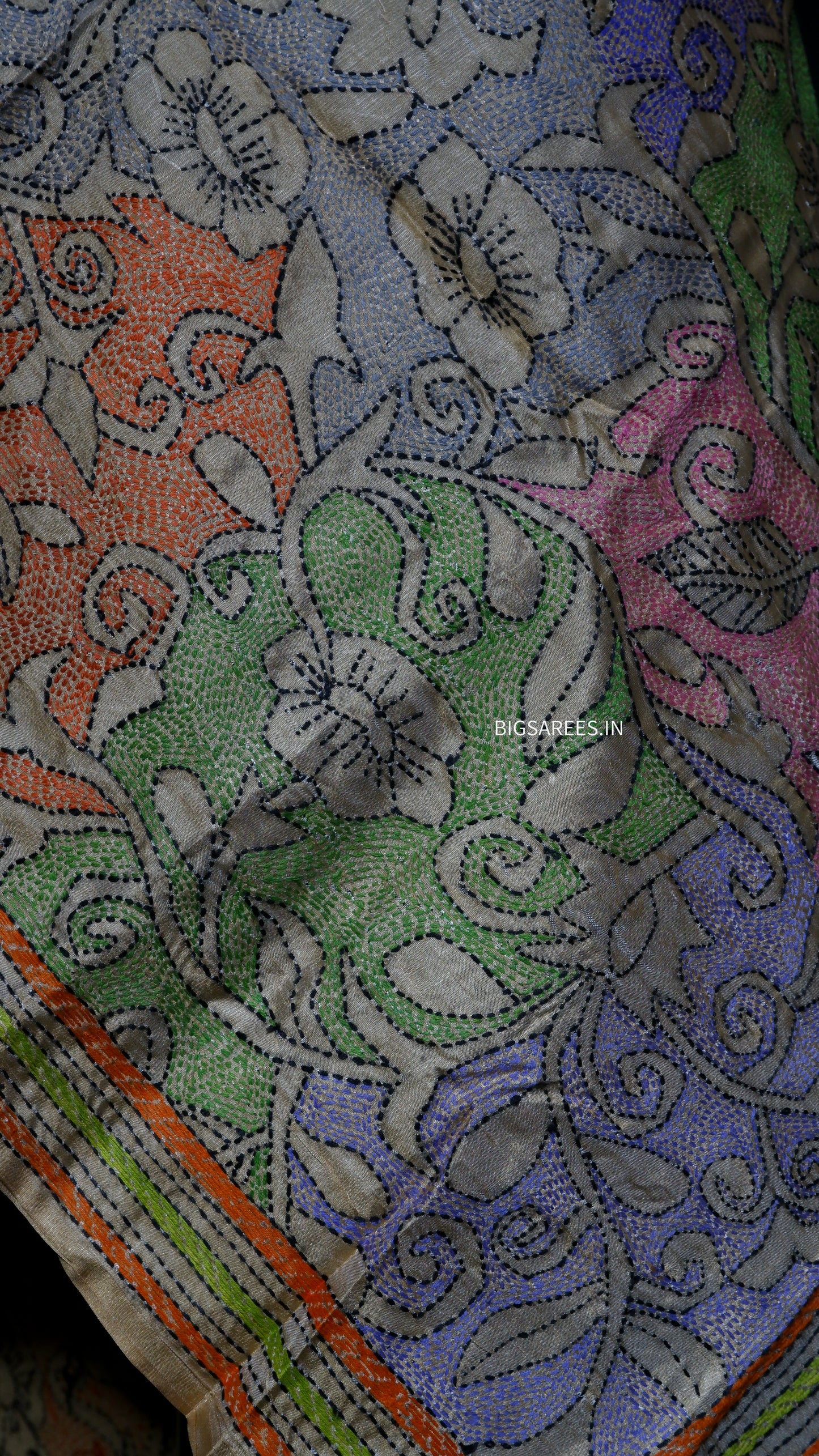 Kantha Art Silk Stole | Khaki | 22" |