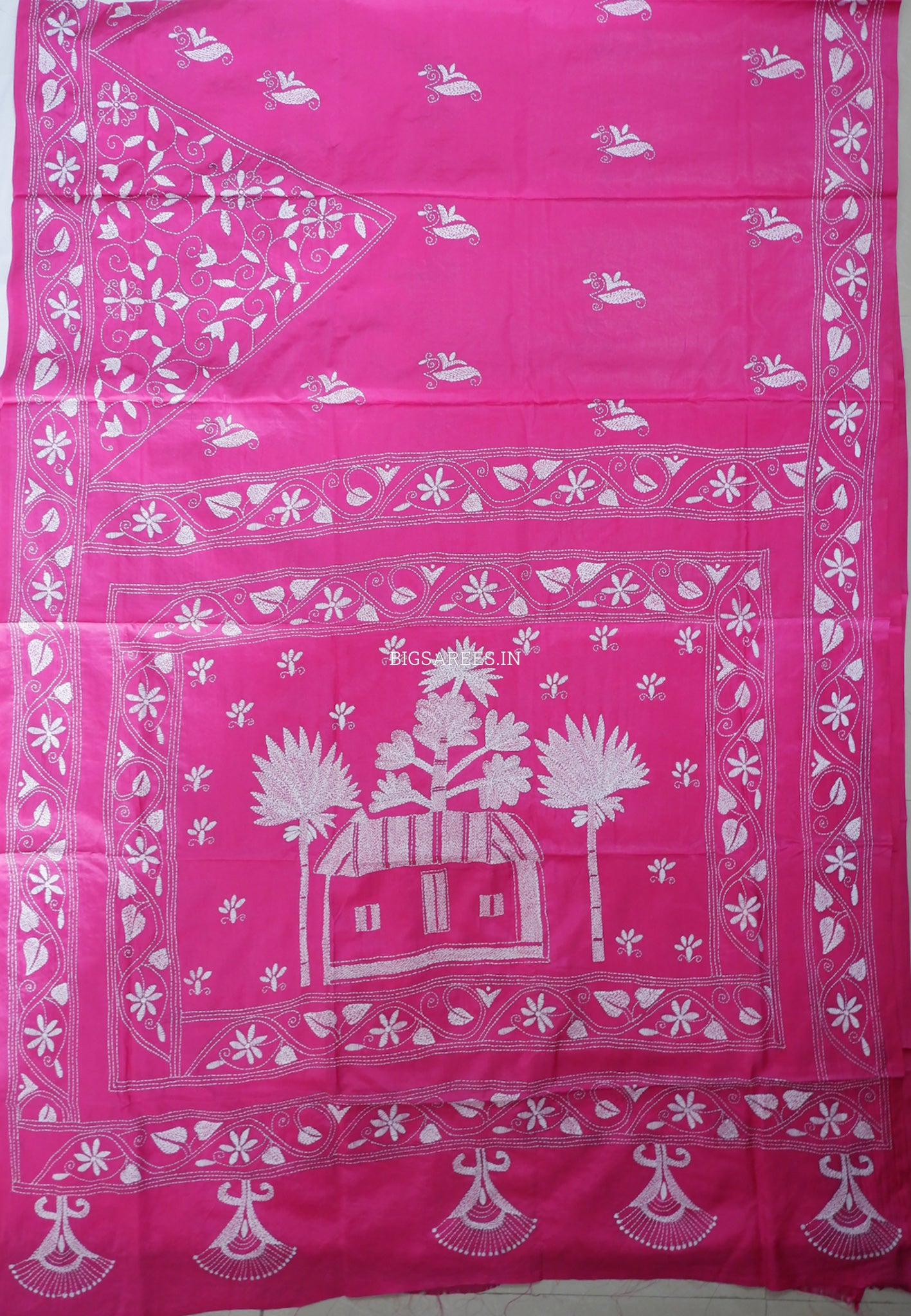 Kantha Stitch Hand Embroidered Saree | Blended Bangalore Silk / Art Silk | Pink