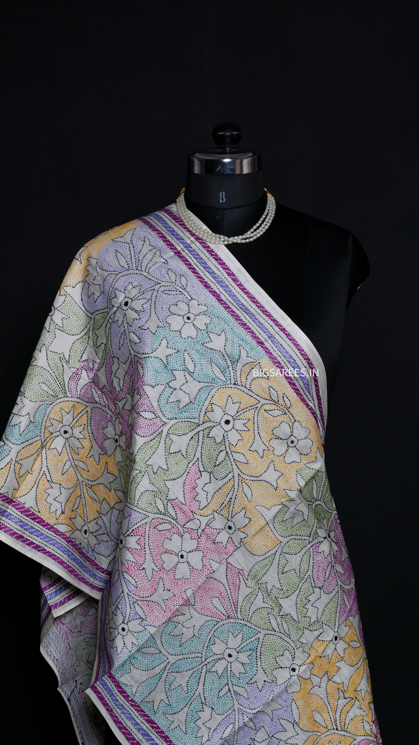 Kantha Art Silk Stole | White | 22" |