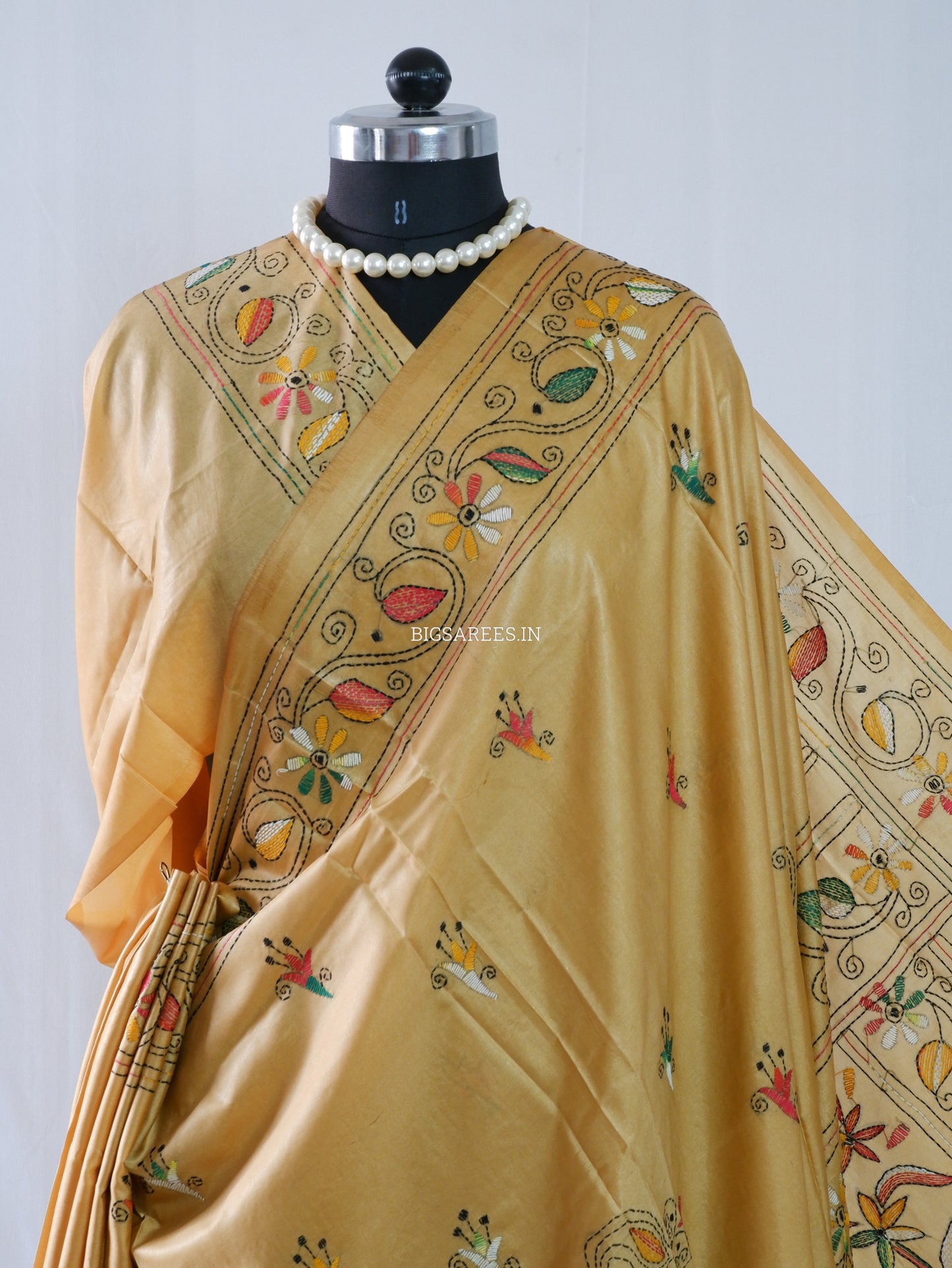 Kantha Stitch Hand Embroidered Saree | Blended Bangalore Silk / Art Silk | Sand Brown