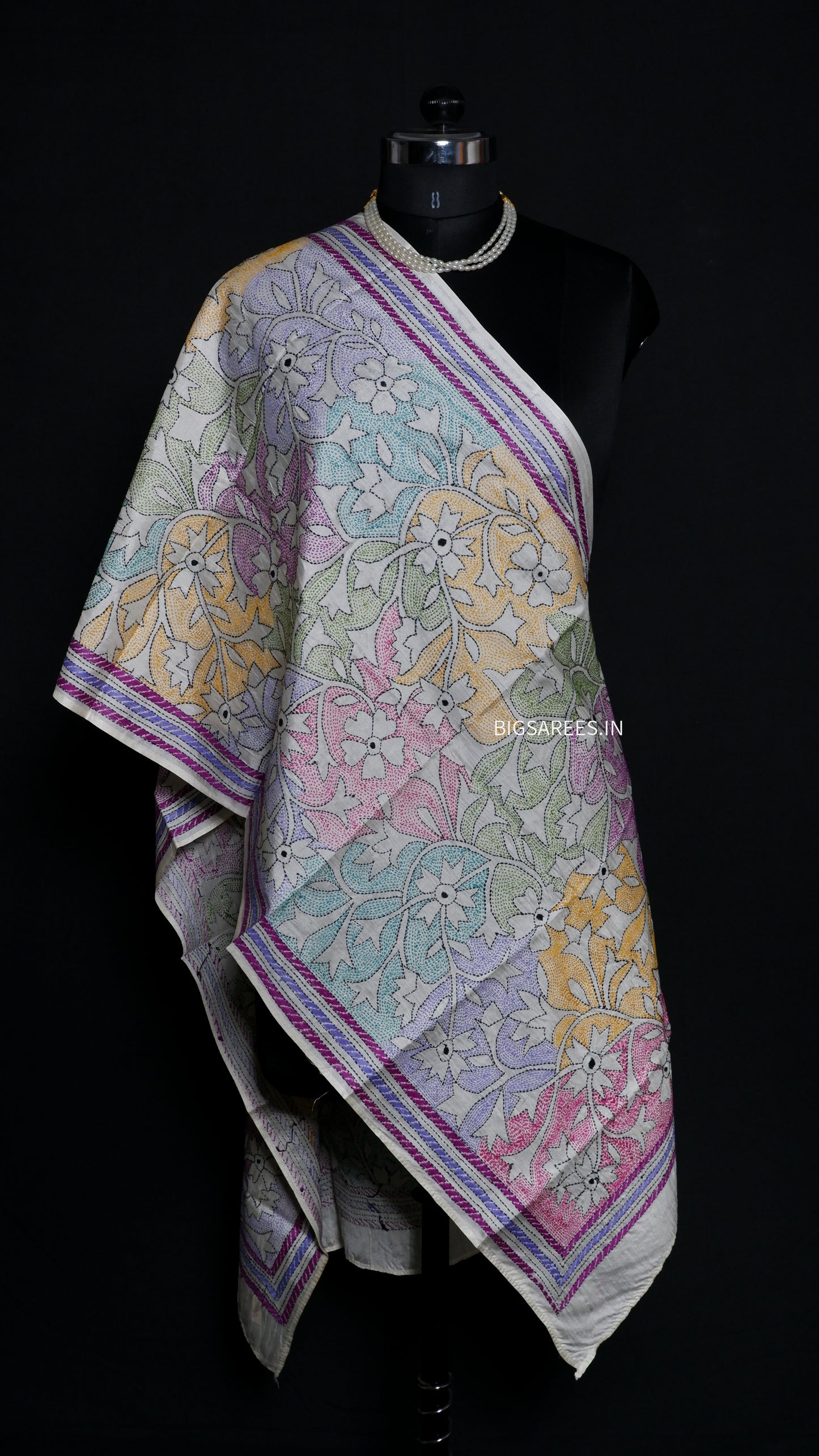 Kantha Art Silk Stole | White | 22" |